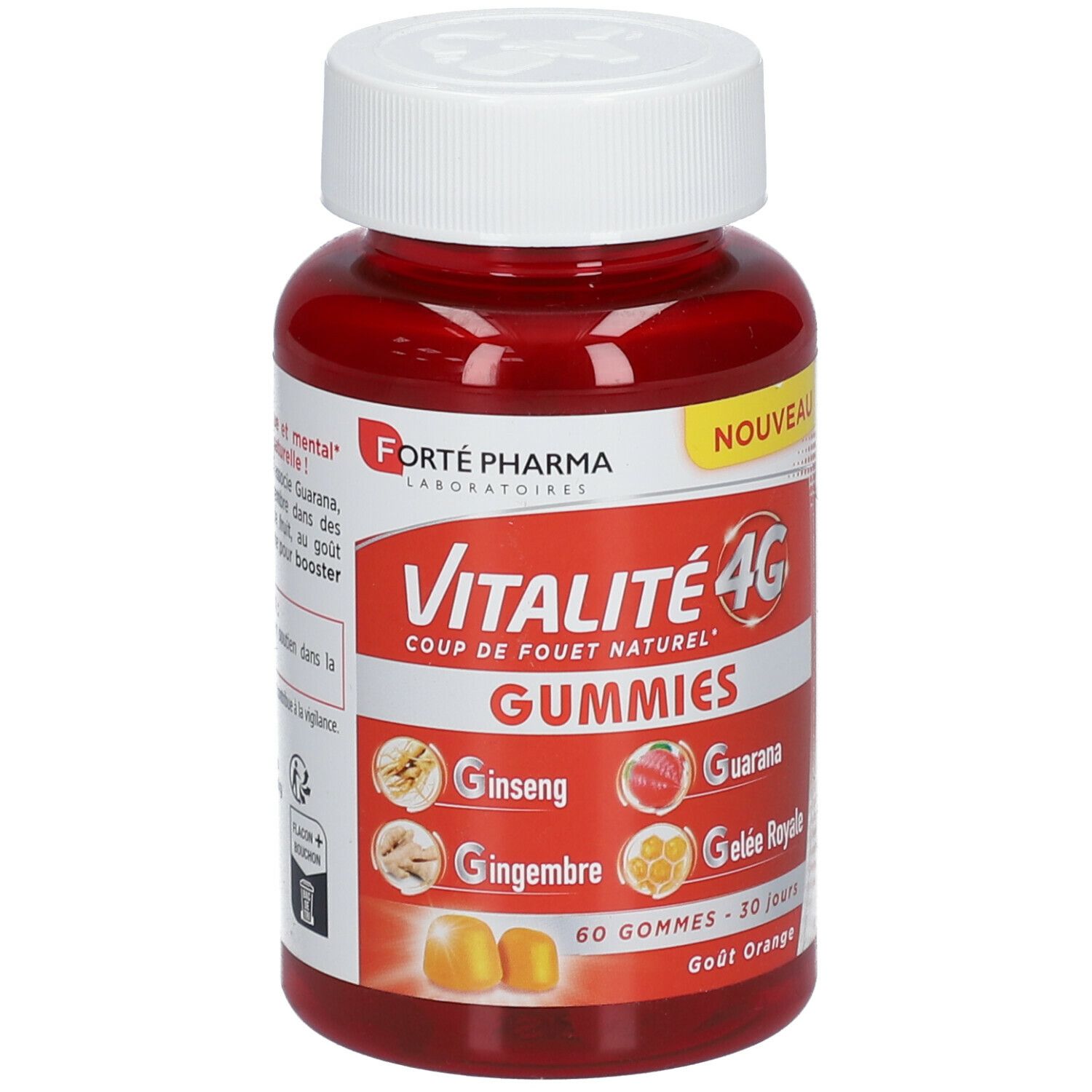 Flacon rouge avec bouchon blanc. Inscription: Vitalité 4G Gummies. Contient Ginseng, Gingembre, Guarana, Gelée Royale. 60 gummies.