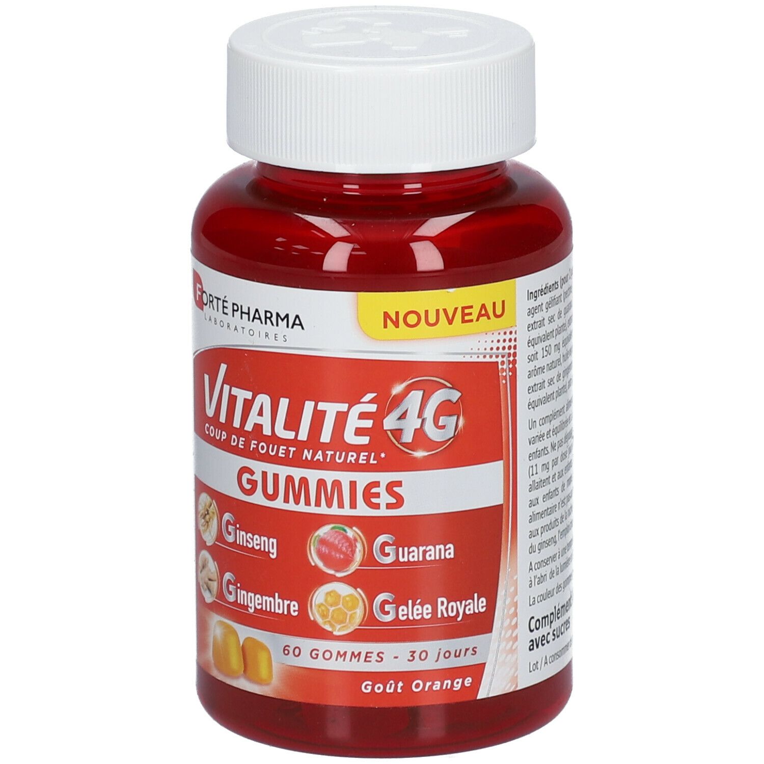 Flacon rouge avec bouchon blanc. Inscription: Vitalité 4G Gummies. Contient Ginseng, Gingembre, Guarana, Gelée Royale. 60 gummies.