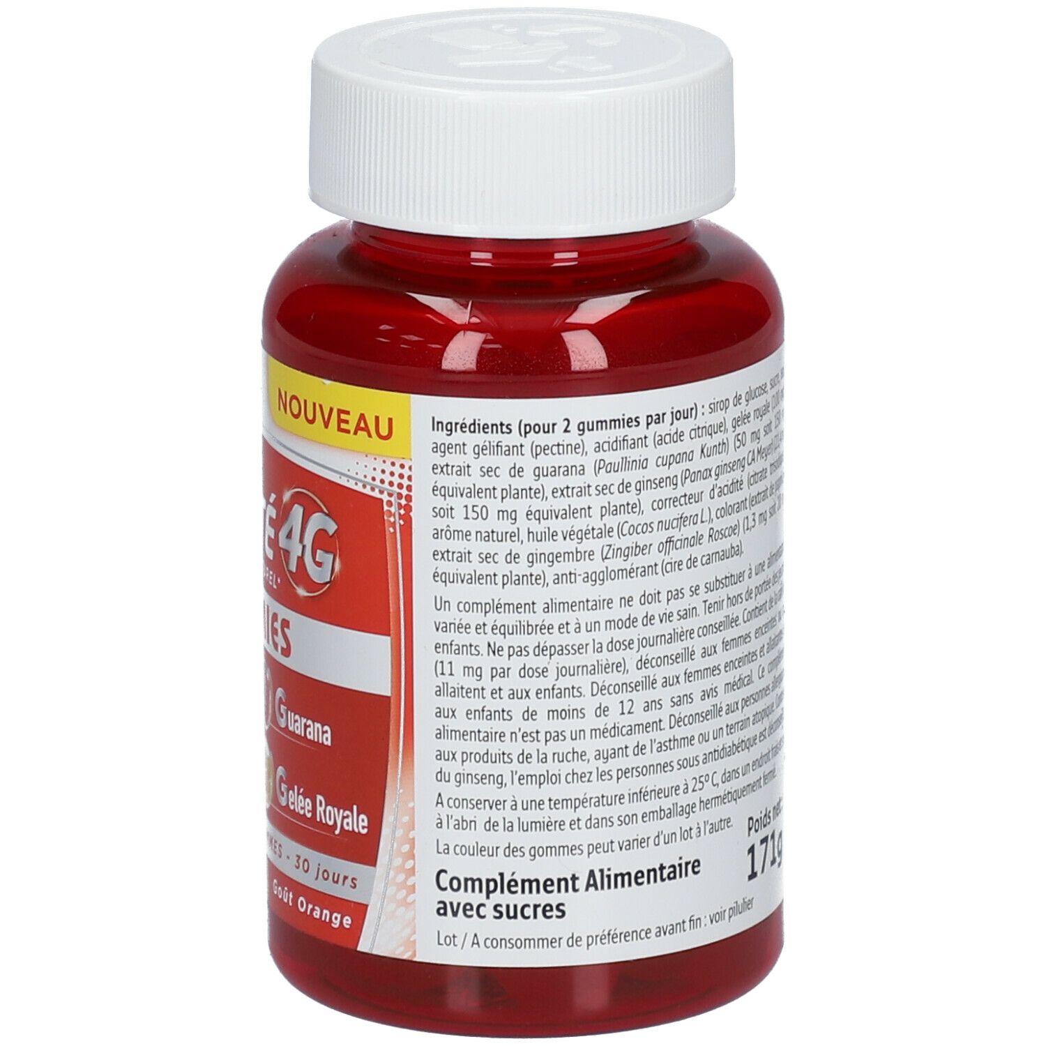 Dos du flacon. Texte: Vitalité 4G Gummies. Liste des ingrédients. Poids: 171g. Informations fabricant.