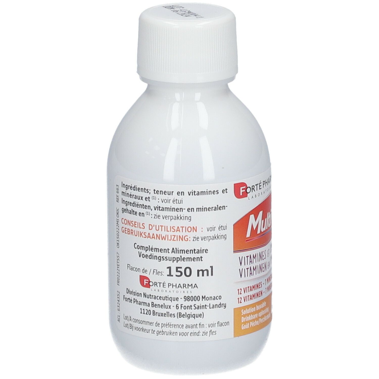 Flacon blanc avec bouchon blanc. Étiquette avec informations produit et volume 150 ml. Marque Forté Pharma.