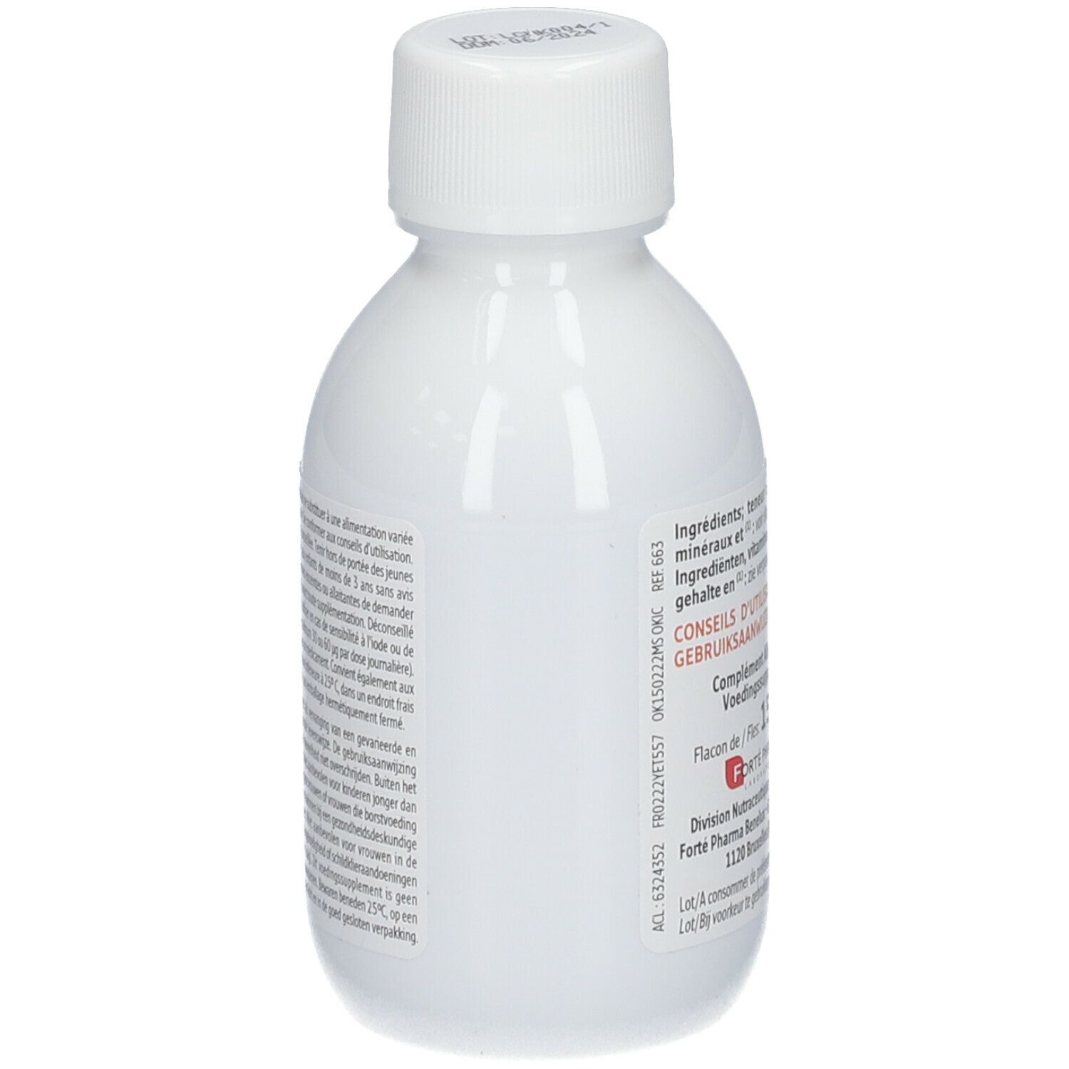 Flacon blanc avec bouchon blanc. Étiquette avec informations produit. Marque Forté Pharma.