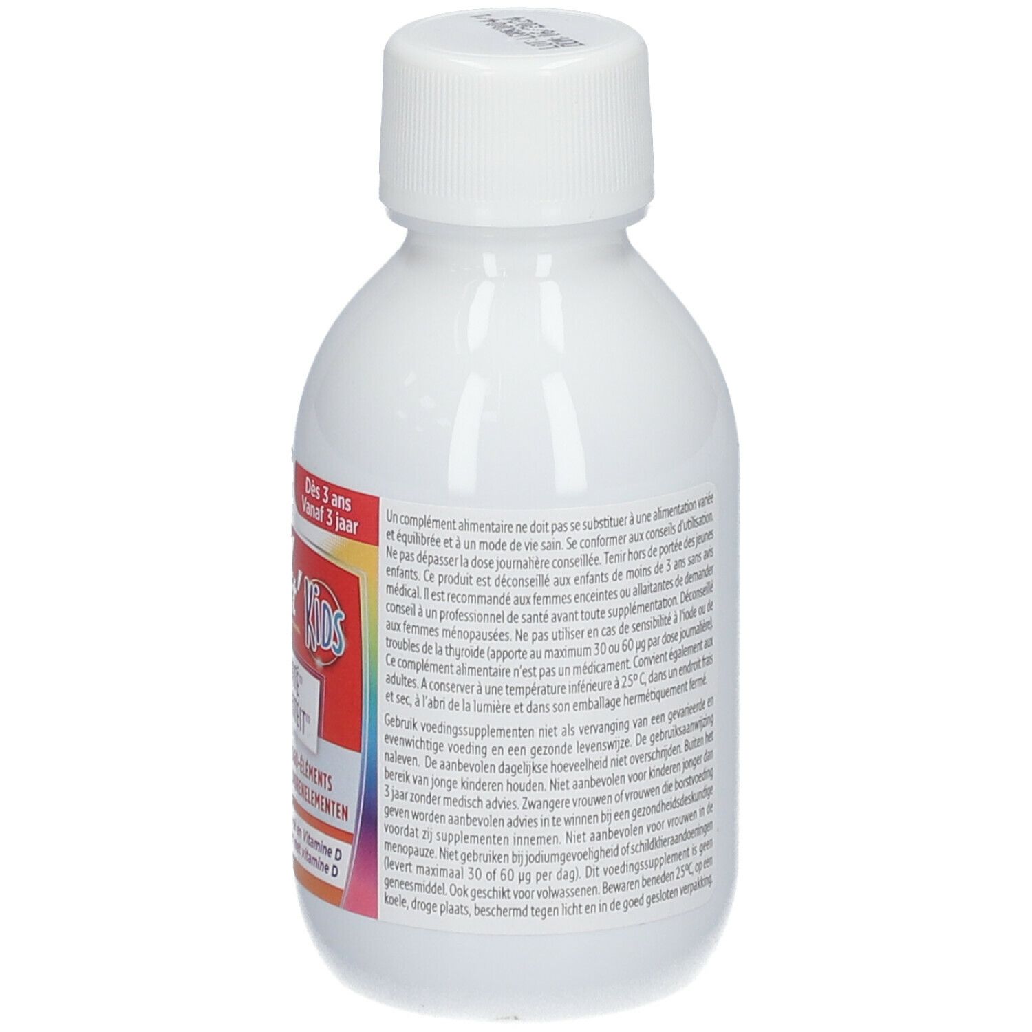 Flacon blanc avec bouchon blanc. Étiquette avec informations produit. Marque Forté Pharma. Dès 3 ans.