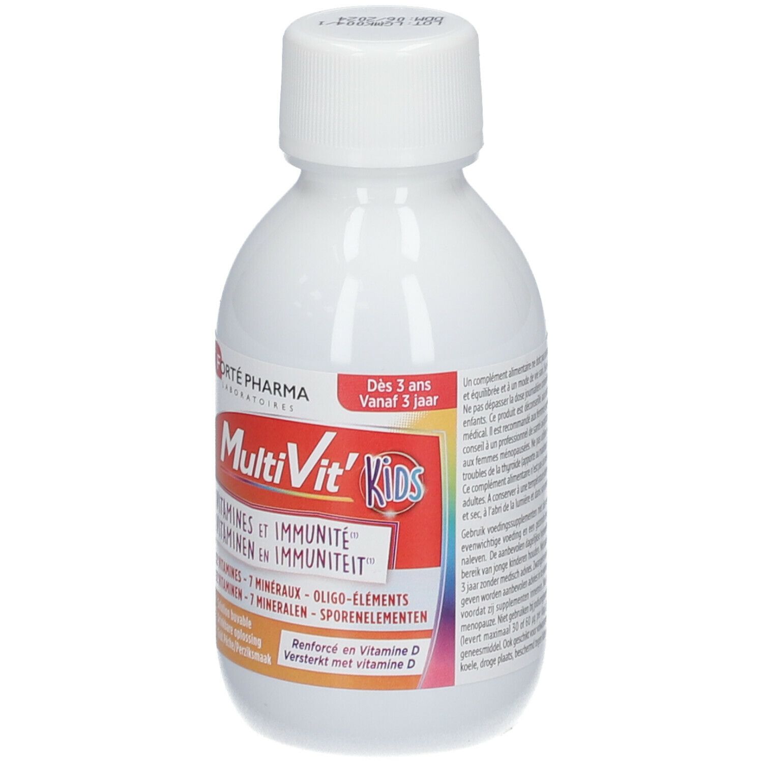 Flacon blanc avec bouchon blanc. Étiquette avec nom MultiVit'Kids, vitamines et minéraux. Dès 3 ans.