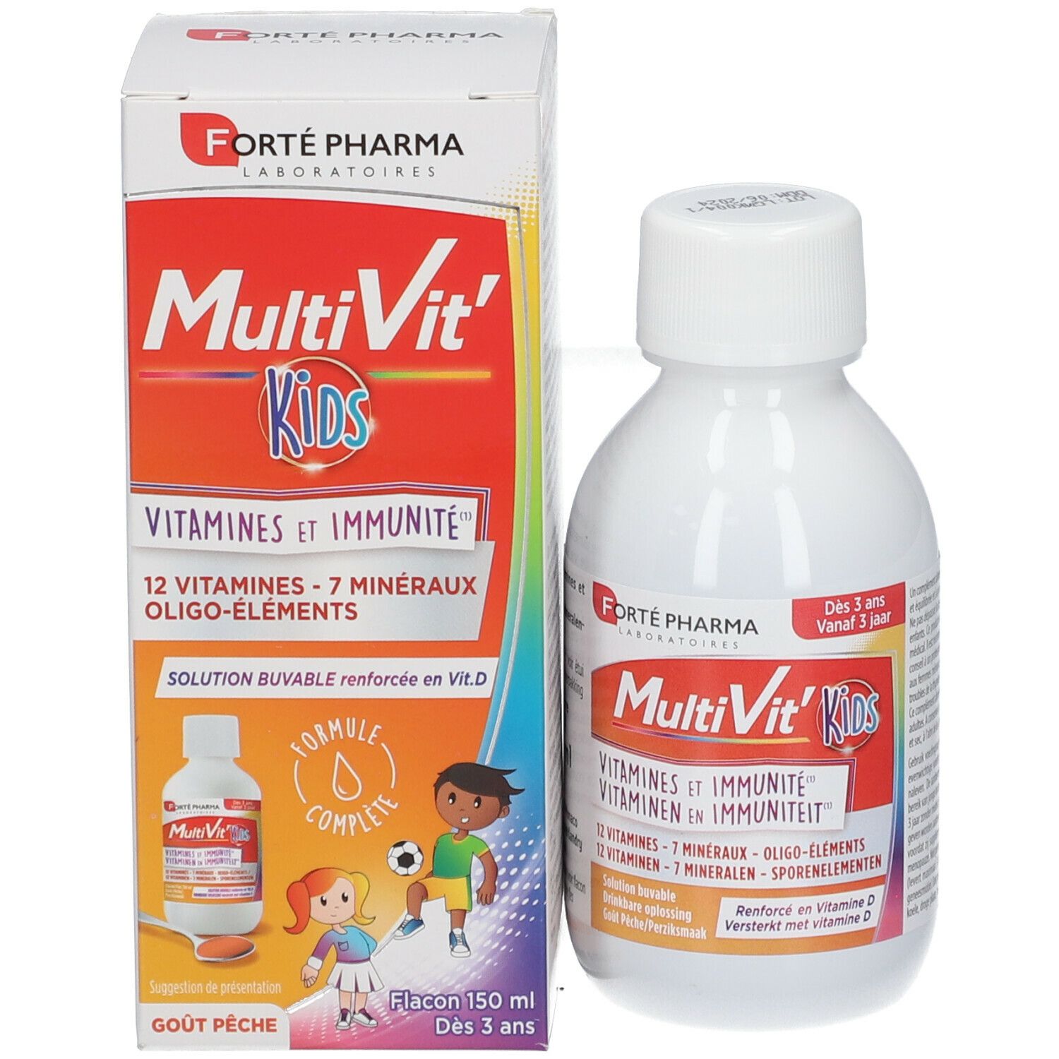 Emballage produit avec flacon et boîte. Sur la boîte : MultiVit'Kids, vitamines et immunité. Flacon : 150 ml.