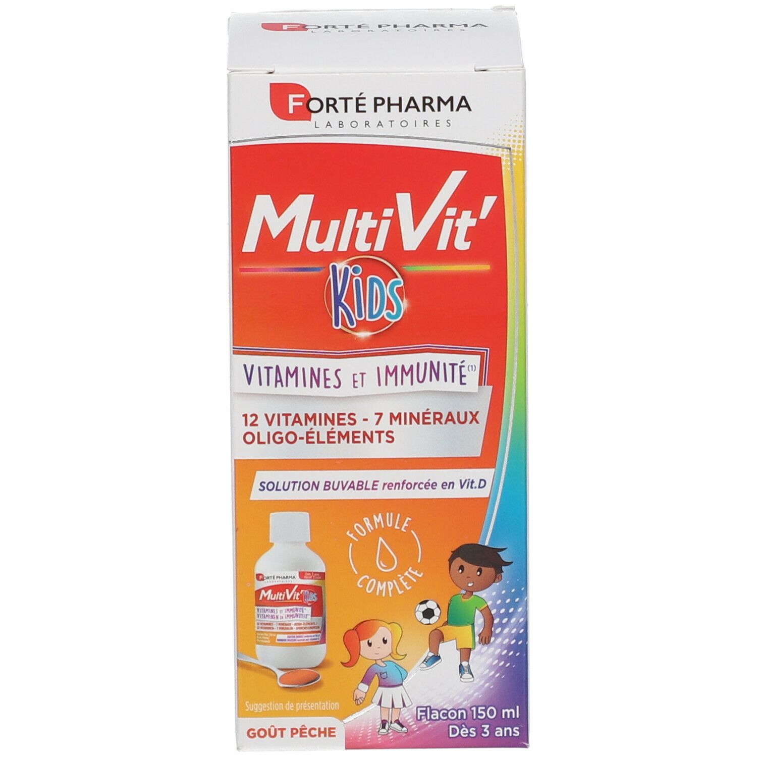 Emballage produit avec flacon et boîte. Sur la boîte : MultiVit'Kids, vitamines et immunité. Flacon : 150 ml.