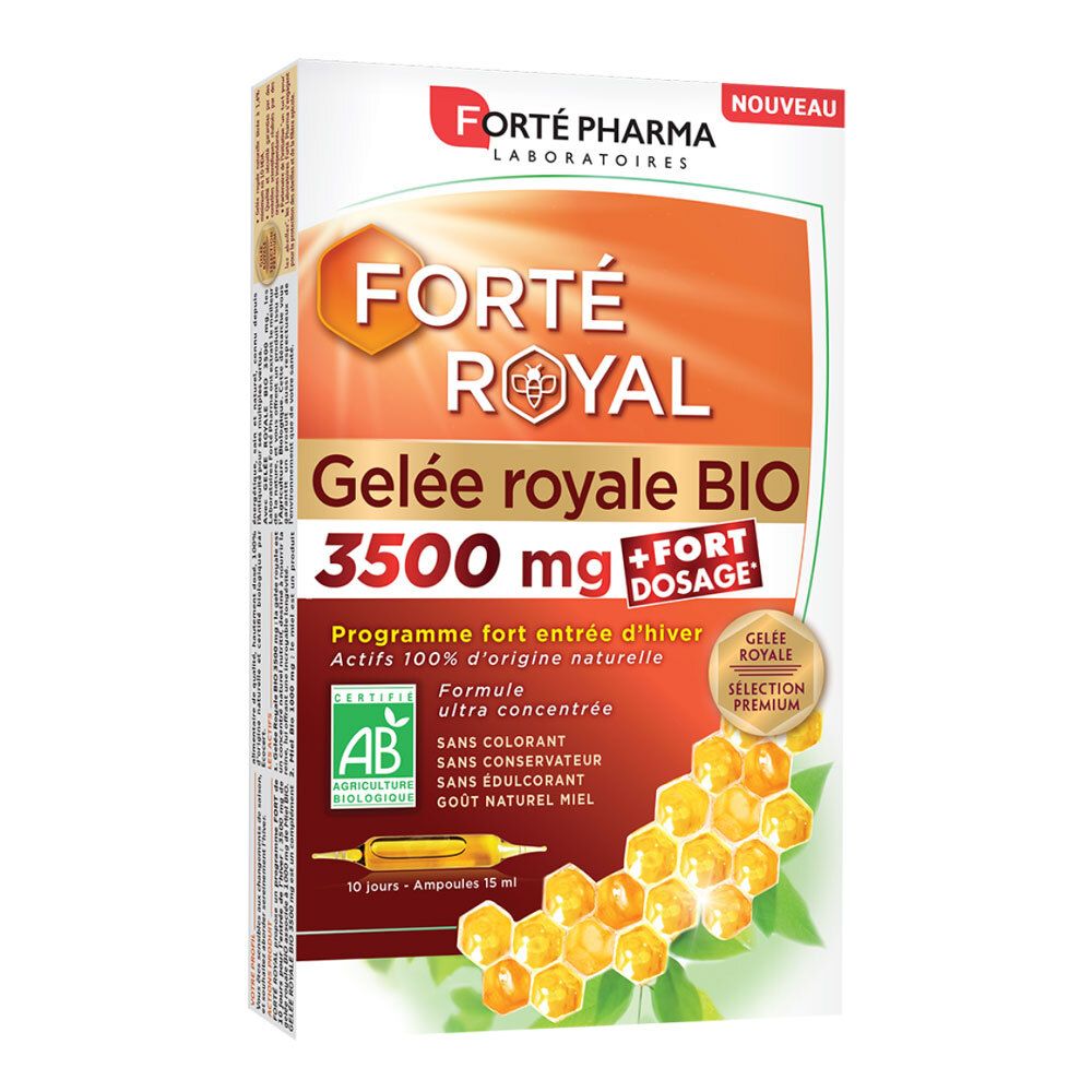 Boîte avec nom et logo du produit. Contient 10 ampoules. Certification BIO.