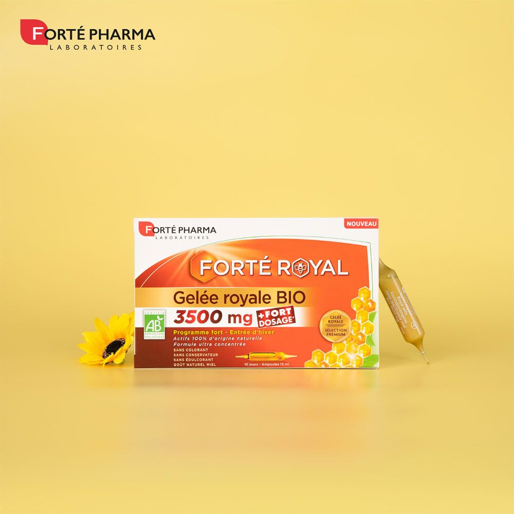 Emballage du produit avec logo et nom. Ampoule et fleur sur fond jaune.