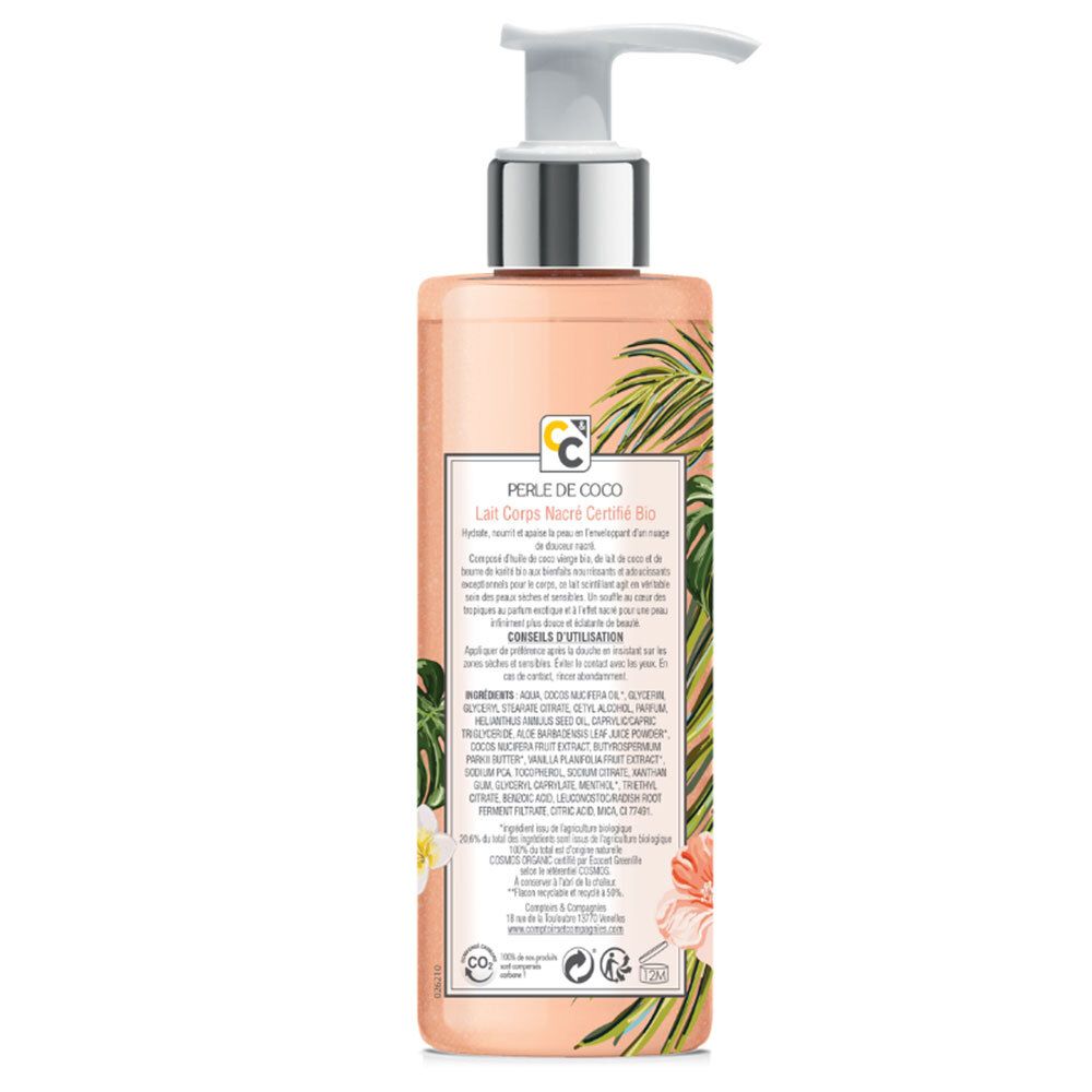 Dos du lait corps. Texte: Perle de Coco, Lait Corps Nacré Bio. Ingrédients et certifications.