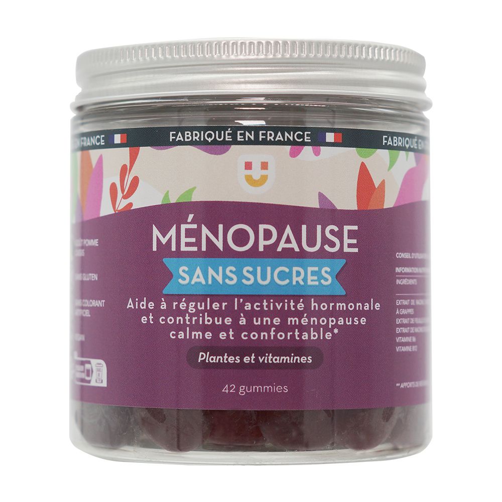 Pot de 42 gummies. Inscription: Ménopause, sans sucres. Fabriqué en France.