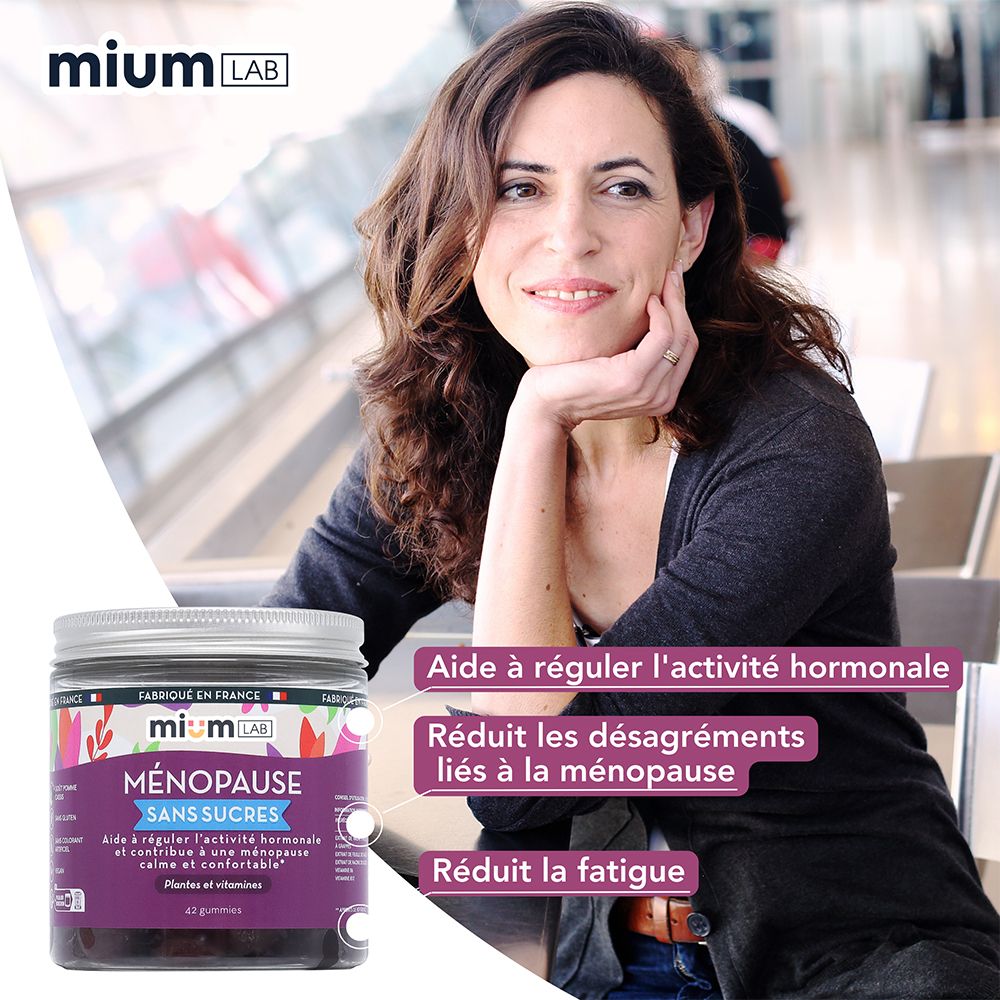 Femme avec produit. Inscription: Ménopause, sans sucres. Aide à réguler les hormones.