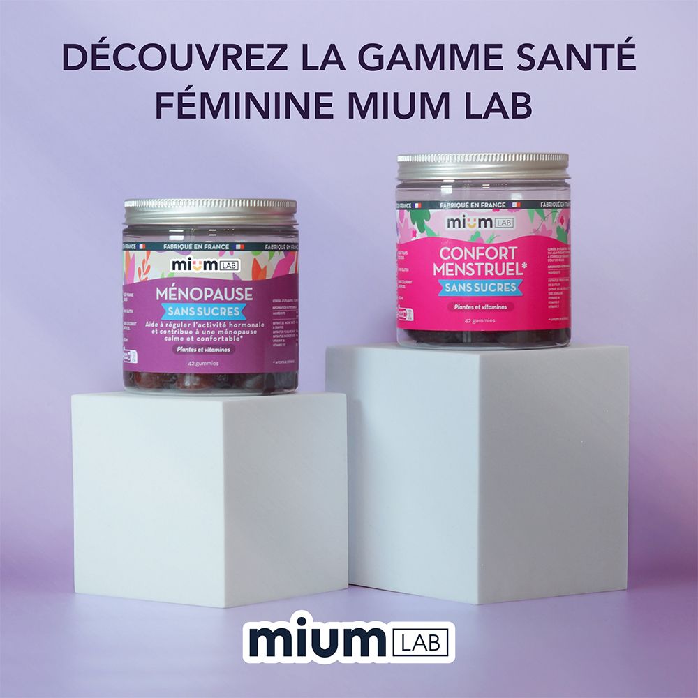 Deux produits sur socles. Inscriptions: Ménopause, sans sucres et Confort Menstruel, sans sucres.
