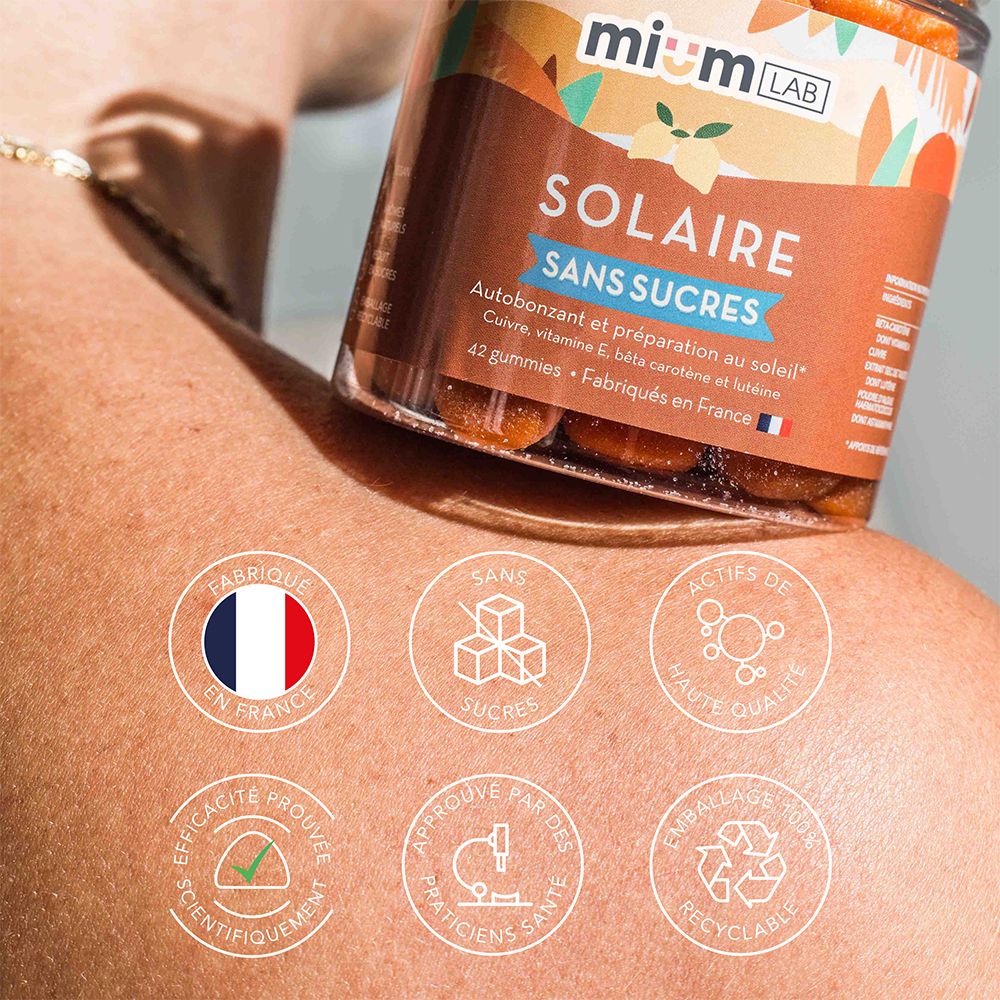 Pot de gummies. Inscription : Solaire, sans sucres. Fabriqué en France. Symboles : Sans sucres, haute qualité, recyclable.