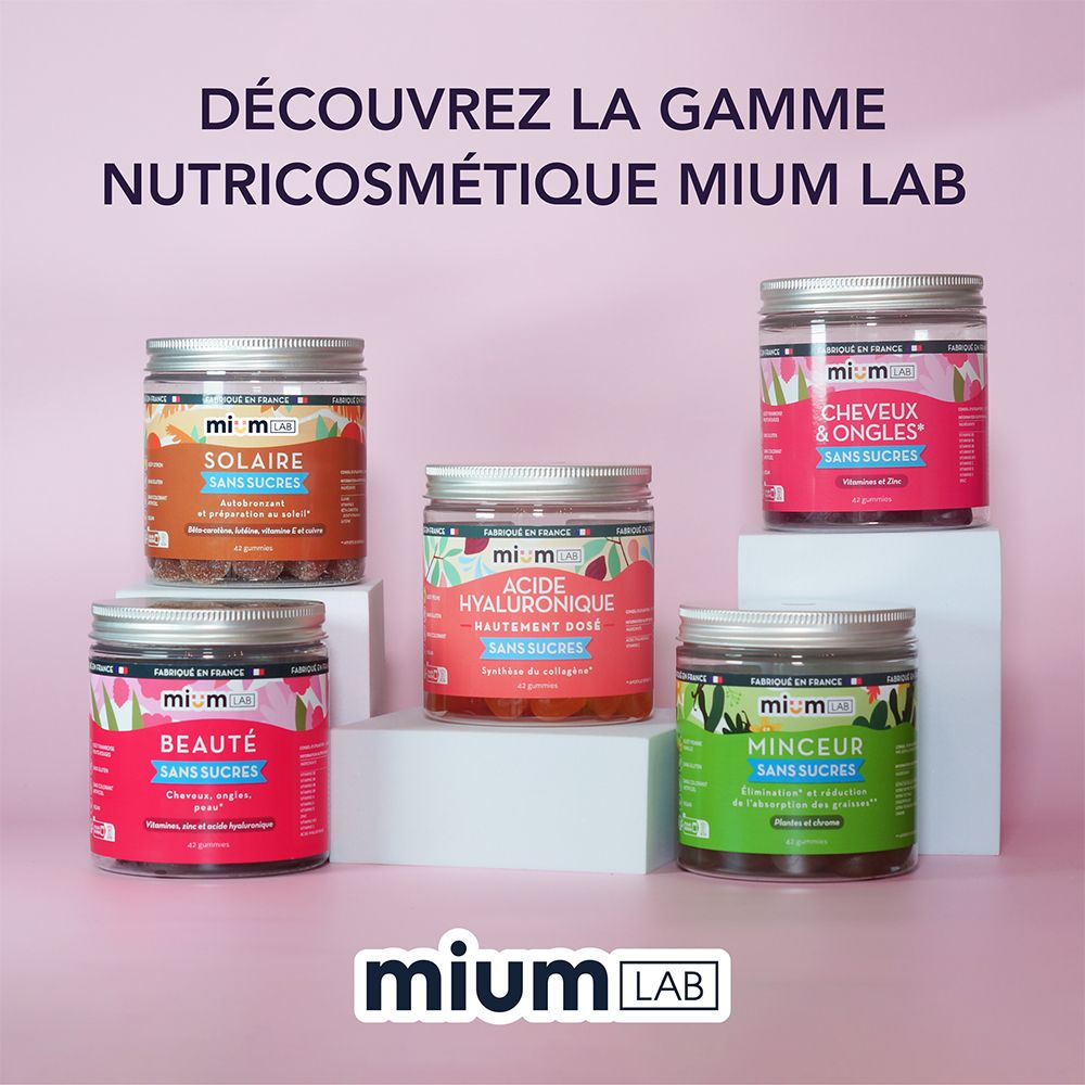 Différents pots de gummies. Inscription : Solaire, sans sucres, Cheveux & Ongles, Beauté, Minceur. Marque : Mium Lab.