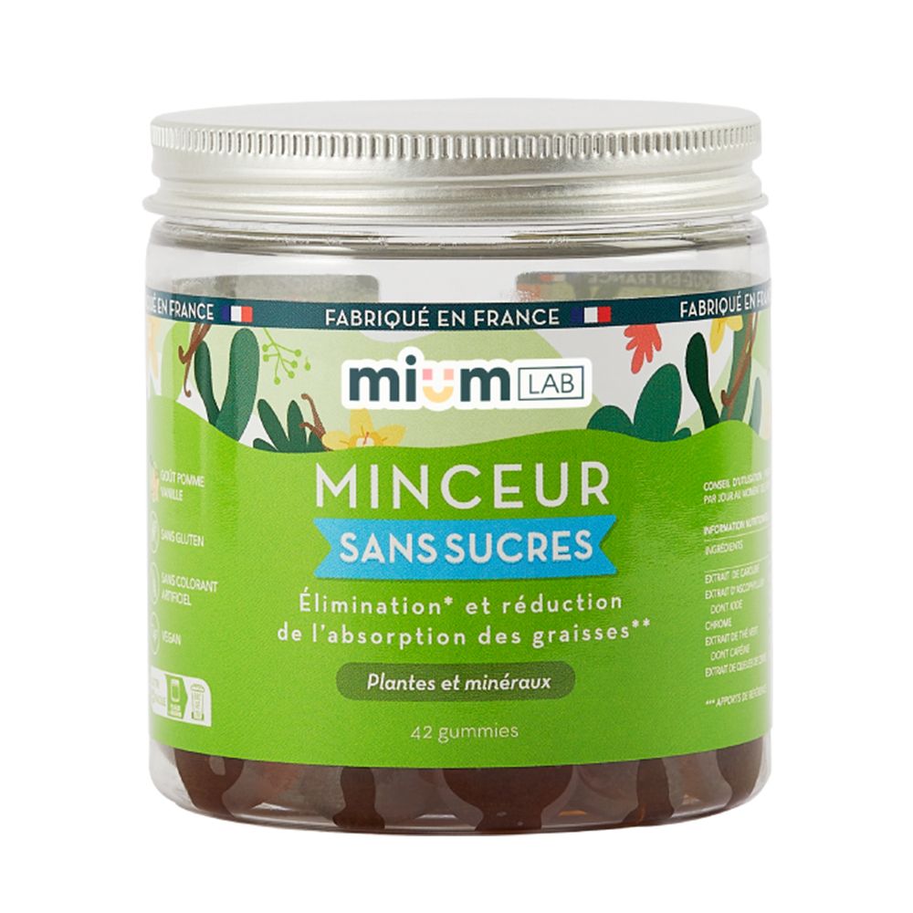 Pot transparent de gummies bruns. Inscription : Minceur Sans Sucres. 42 gummies.