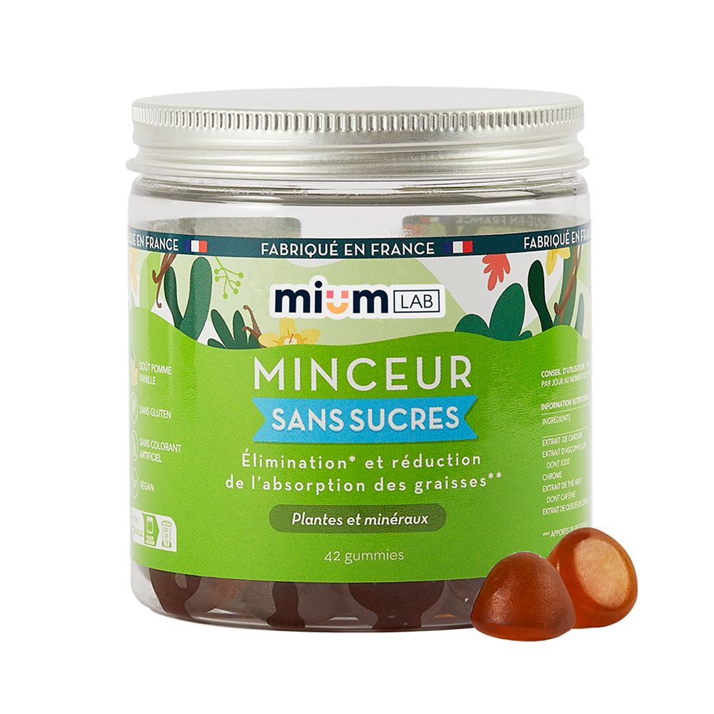 Pot transparent de gummies bruns et deux gummies. Inscription : Minceur Sans Sucres.