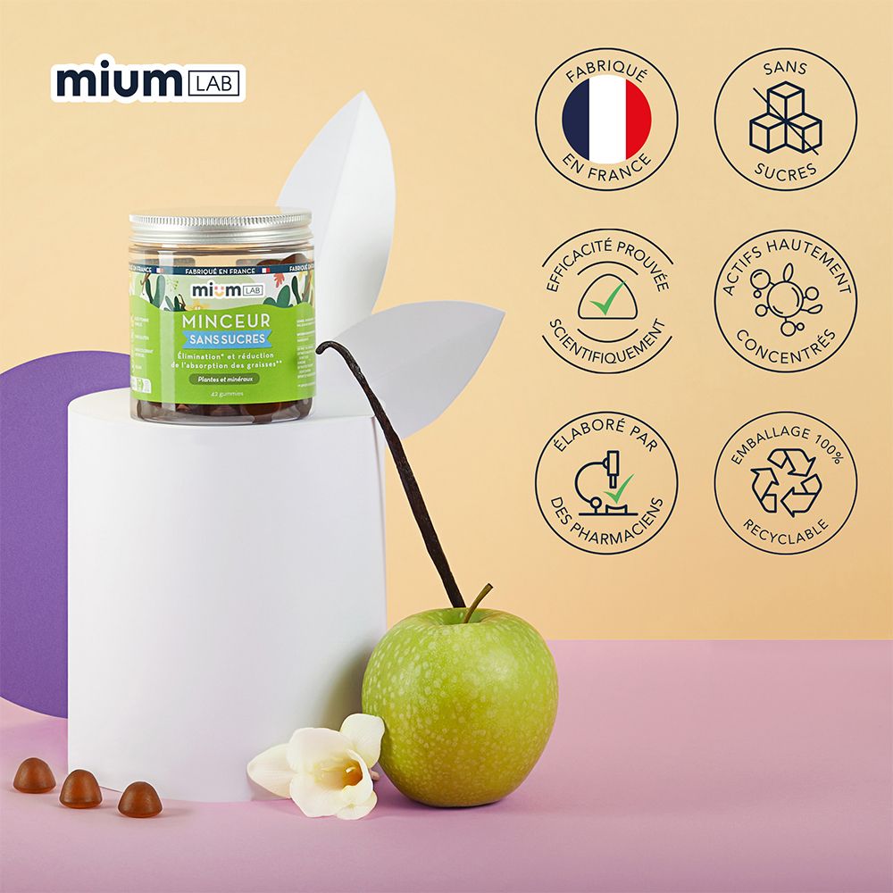 Produit sur socle avec pomme, gousse de vanille et feuilles. Pot Minceur Sans Sucres. Certifications.