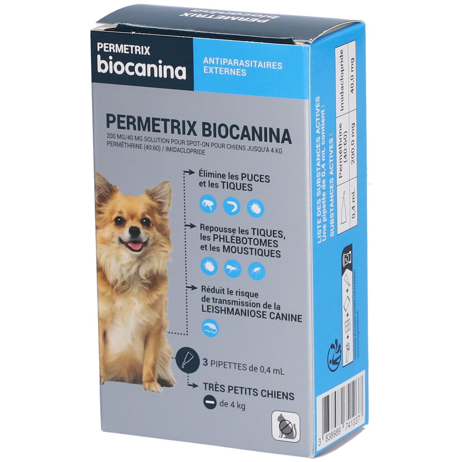 Boîte de Permetrix Biocanina pour chiens. Contient 3 pipettes. Inscription: Antiparasitaires externes, très petits chiens.