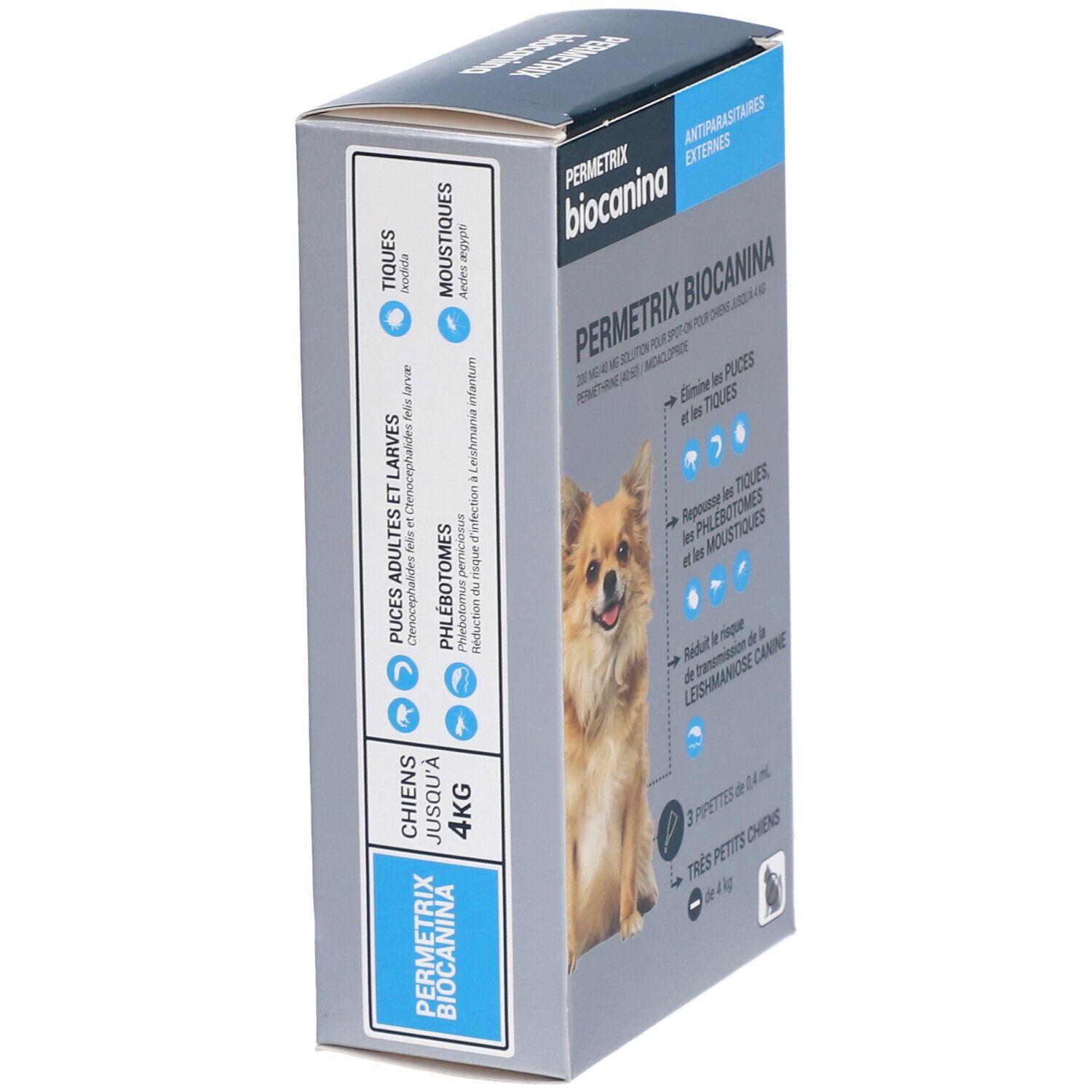 Vue latérale de la boîte Permetrix Biocanina. Texte: Pour chiens jusqu'à 4 kg. Contre puces, tiques, phlébotomes, moustiques.