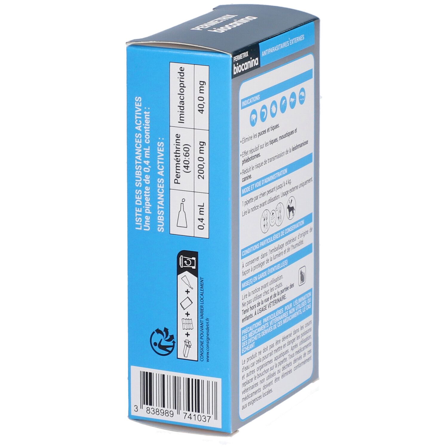 Côté de la boîte. Texte: Substances actives, mode d'emploi. Contient perméthrine et imidaclopride. Pipette 0,4 ml.