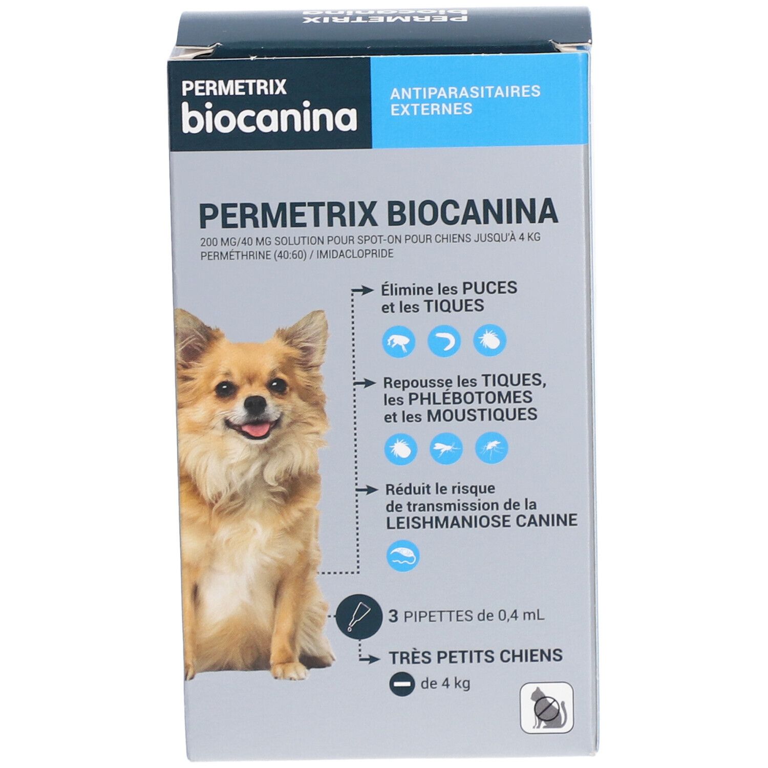 Boîte Permetrix Biocanina. Produit pour chiens. Contient 3 pipettes. Contre puces, tiques, phlébotomes, moustiques.
