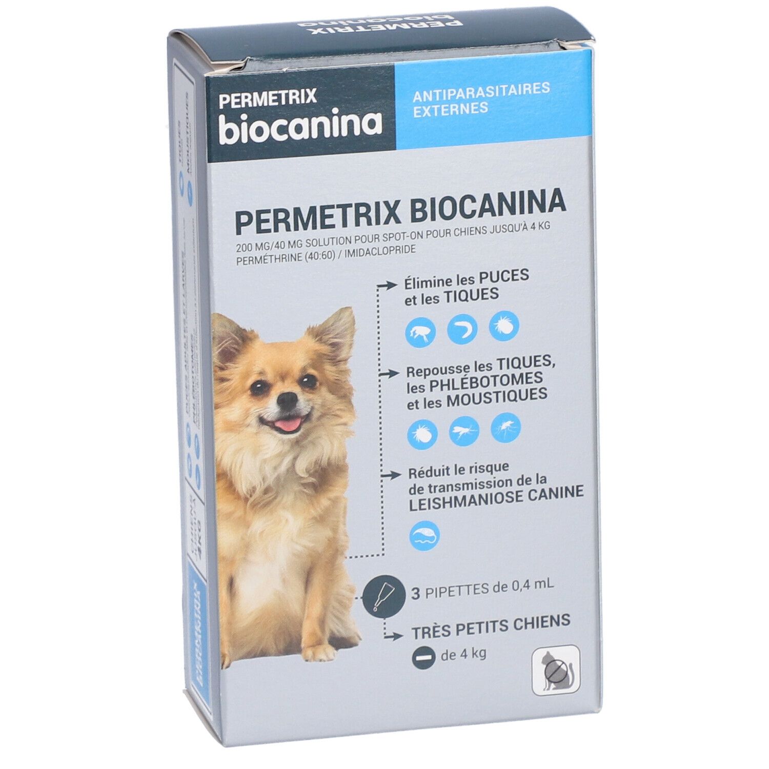 Boîte Permetrix Biocanina. Produit pour chiens. Contient 3 pipettes. Contre puces, tiques, phlébotomes, moustiques.