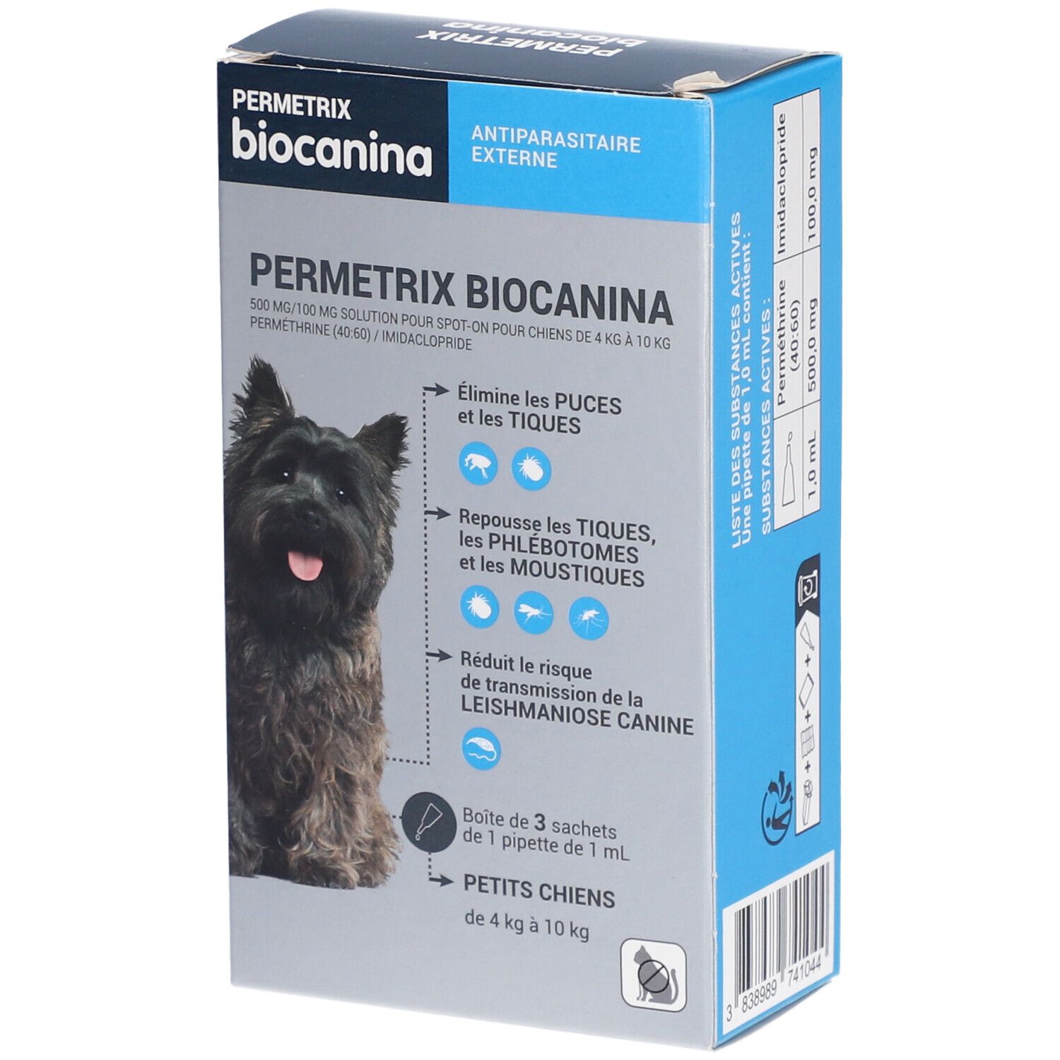 Boîte de Permetrix Biocanina pour petits chiens. Contient 3 pipettes. Boîte bleue et blanche avec photo de chien.