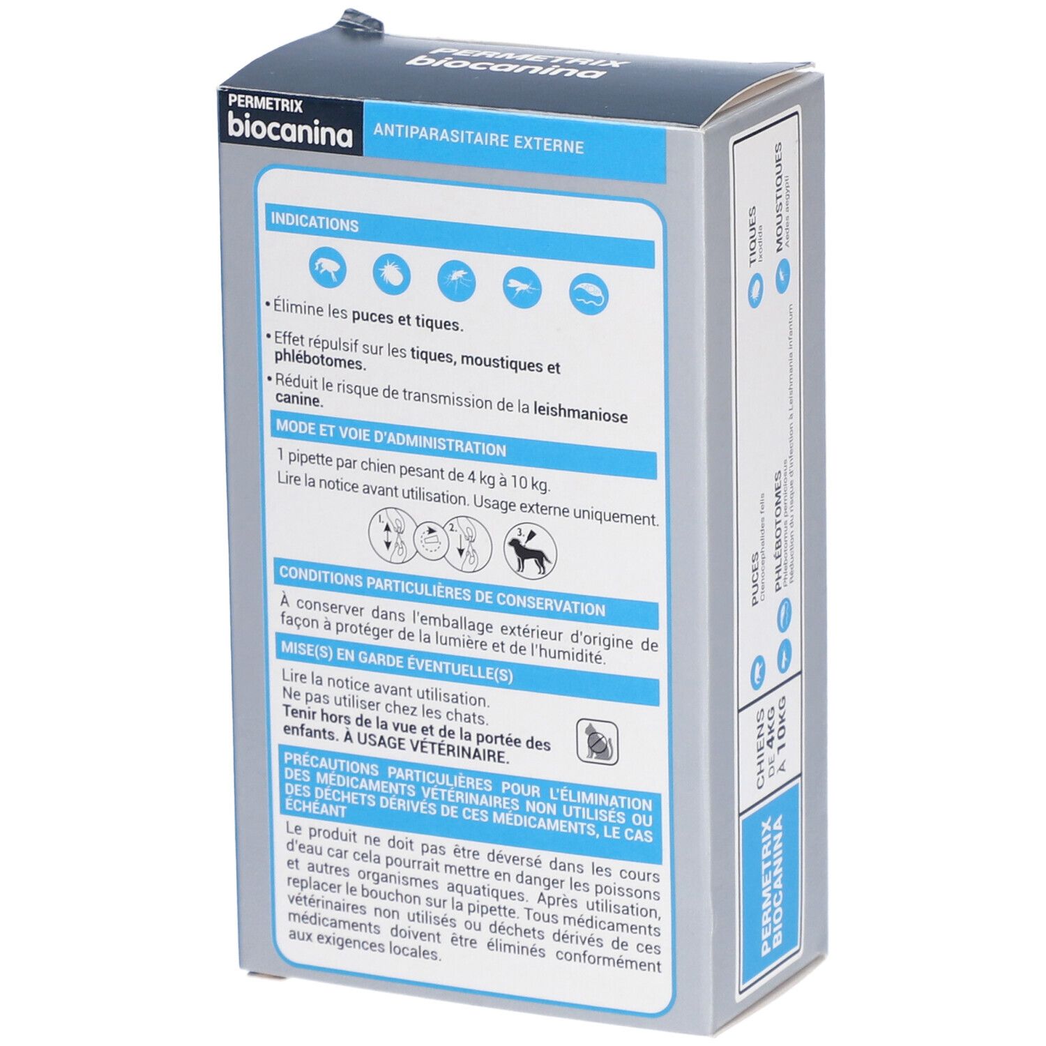Dos de la boîte Permetrix Biocanina. Contient des informations sur l'utilisation et les ingrédients. Boîte bleue et blanche.