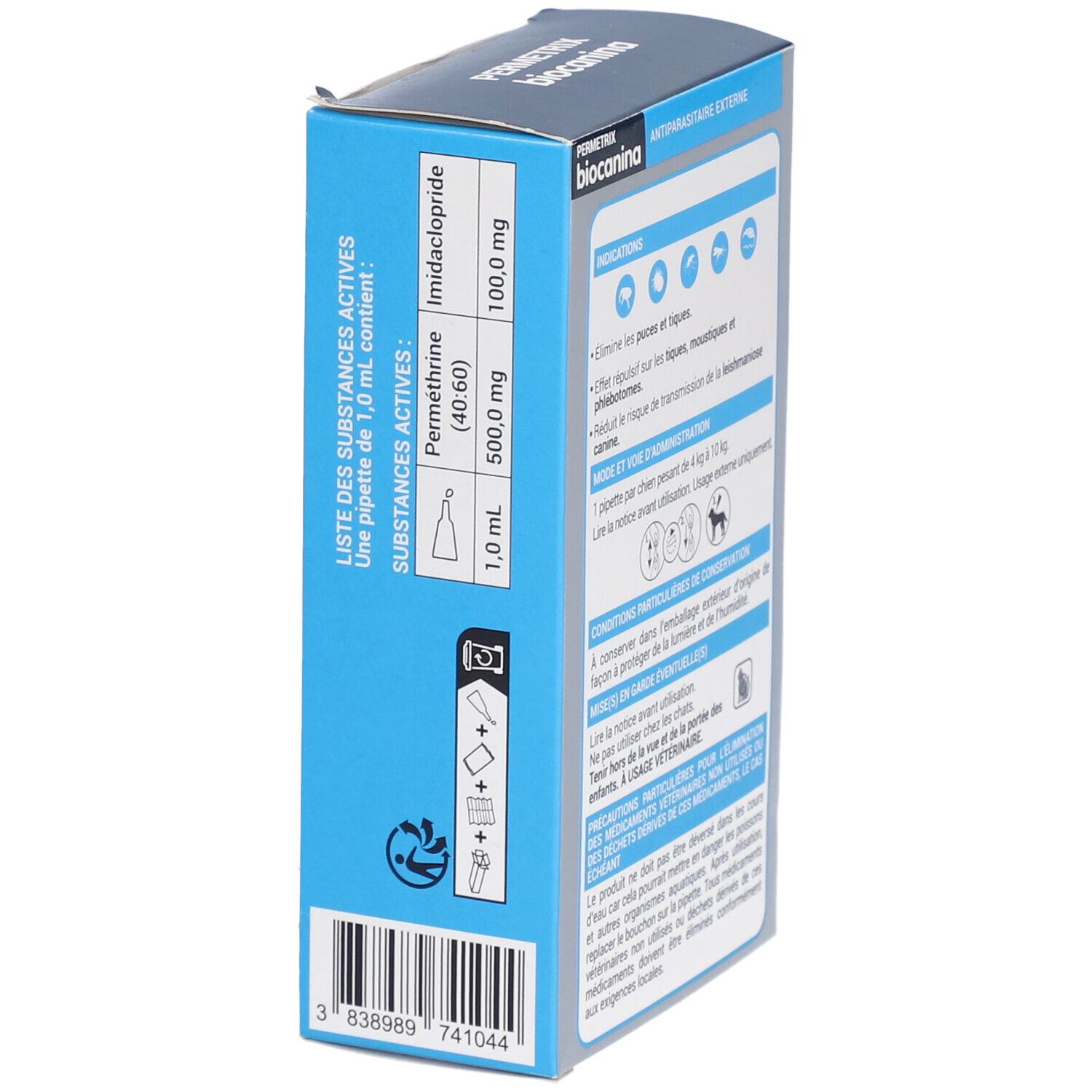 Vue latérale de la boîte Permetrix Biocanina. Contient des informations sur les ingrédients actifs. Boîte bleue et blanche.