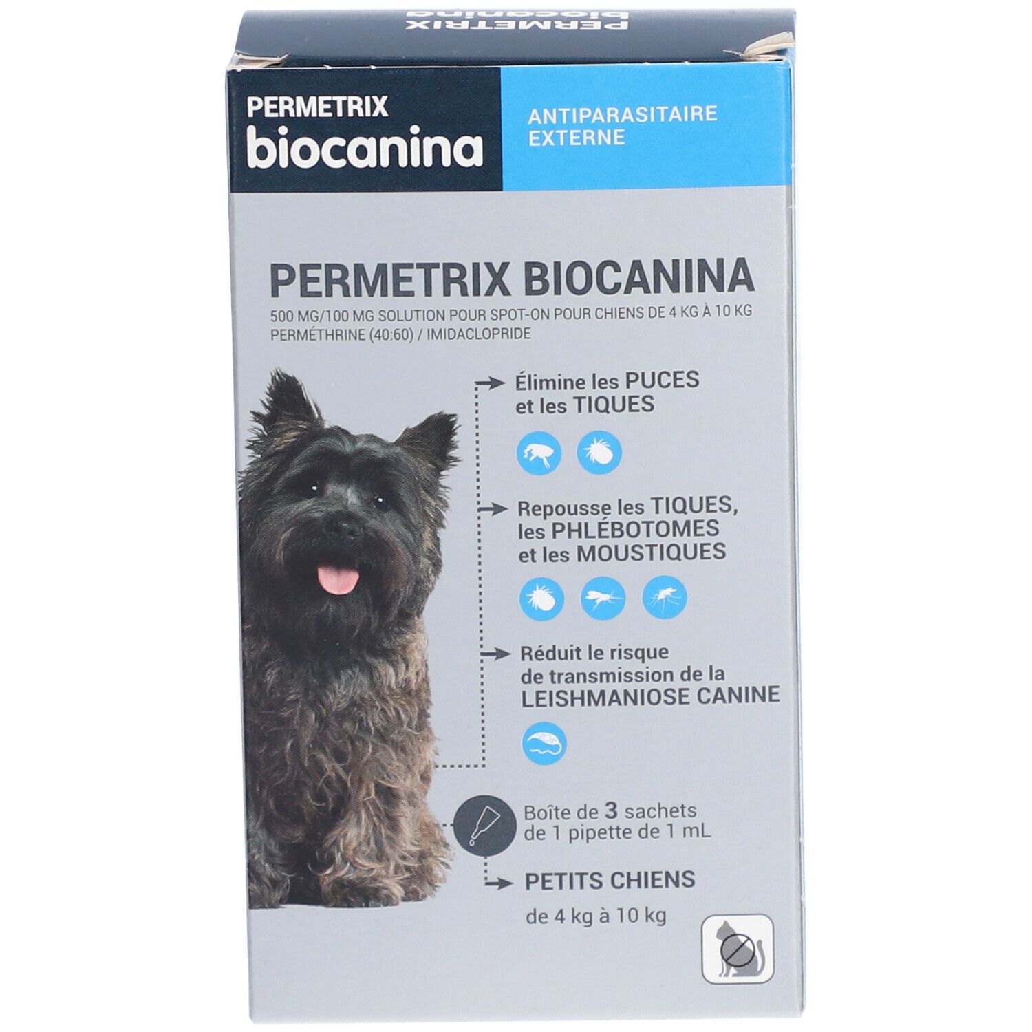 Boîte Permetrix Biocanina pour petits chiens. Boîte bleue et blanche avec photo de chien. Contient 3 pipettes.