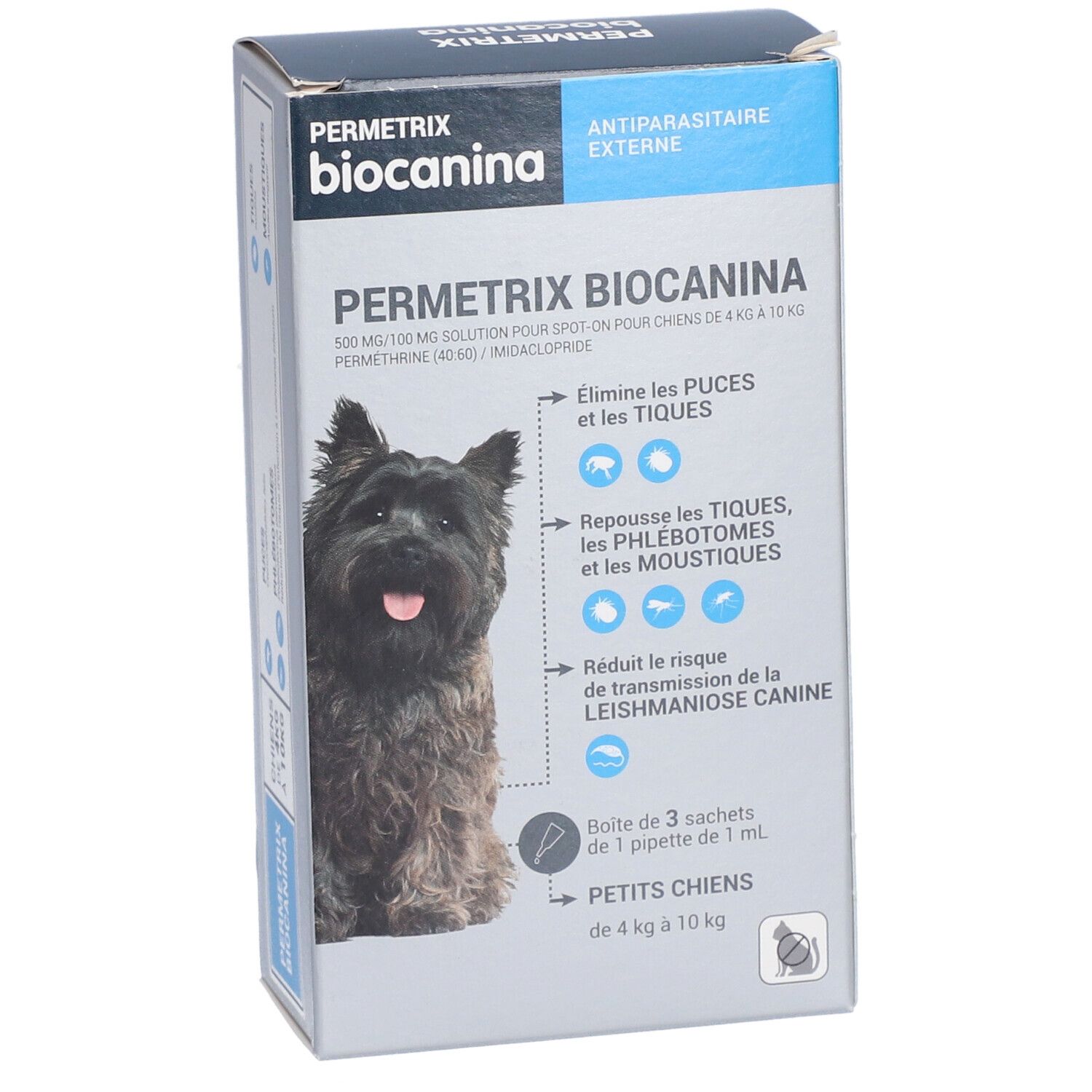 Boîte Permetrix Biocanina pour petits chiens. Boîte bleue et blanche avec photo de chien. Contient 3 pipettes.