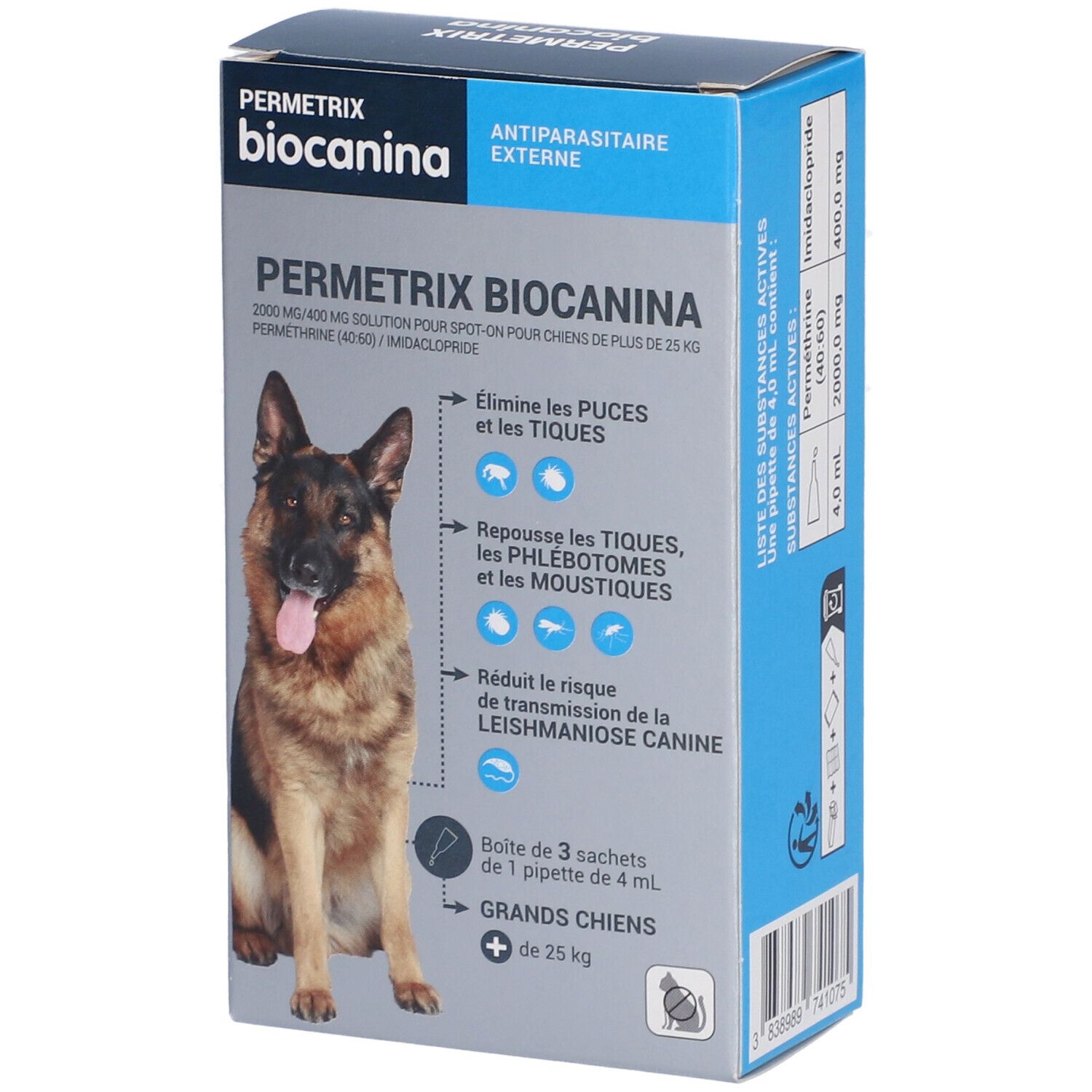 Boîte de PERMETRIX BIOCANINA. Contient 3 sachets de pipettes pour chiens de plus de 25 kg. Texte et illustration.