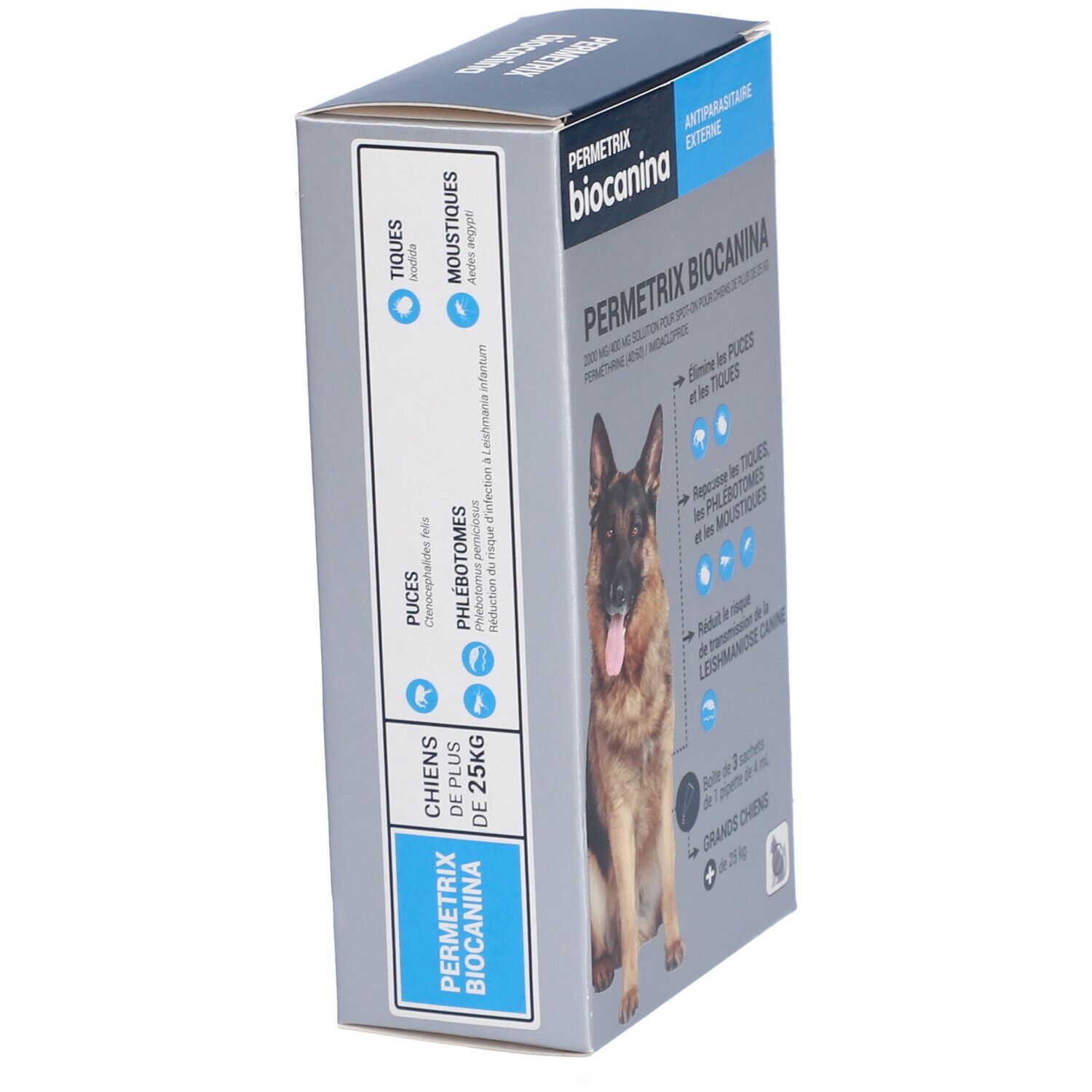 Boîte PERMETRIX BIOCANINA, vue latérale. Texte sur tiques, puces, phlébotomes et moustiques. Pour chiens de +25 kg.