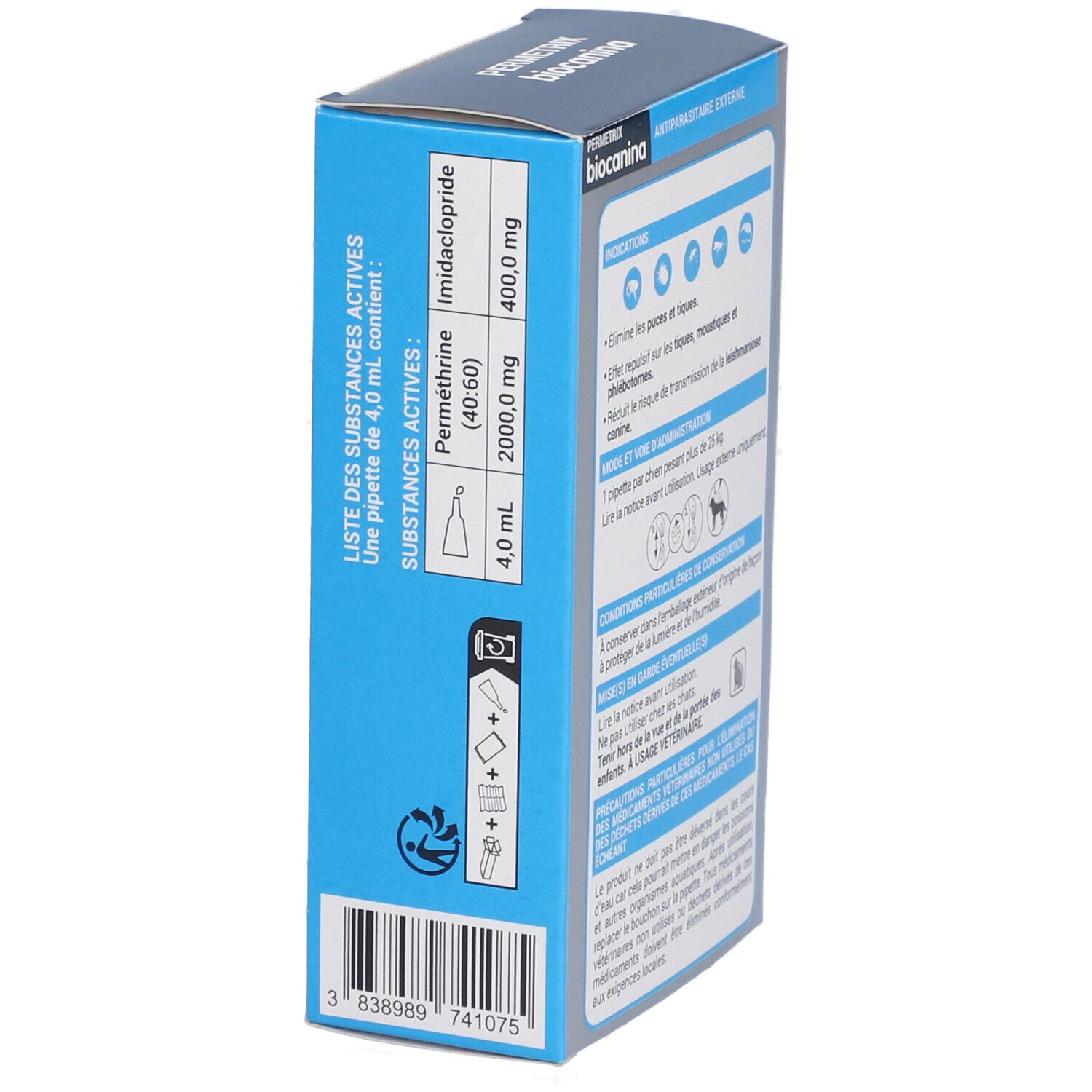 Vue latérale de la boîte PERMETRIX BIOCANINA. Contient perméthrine et imidaclopride. Pipette de 4,0 ml.