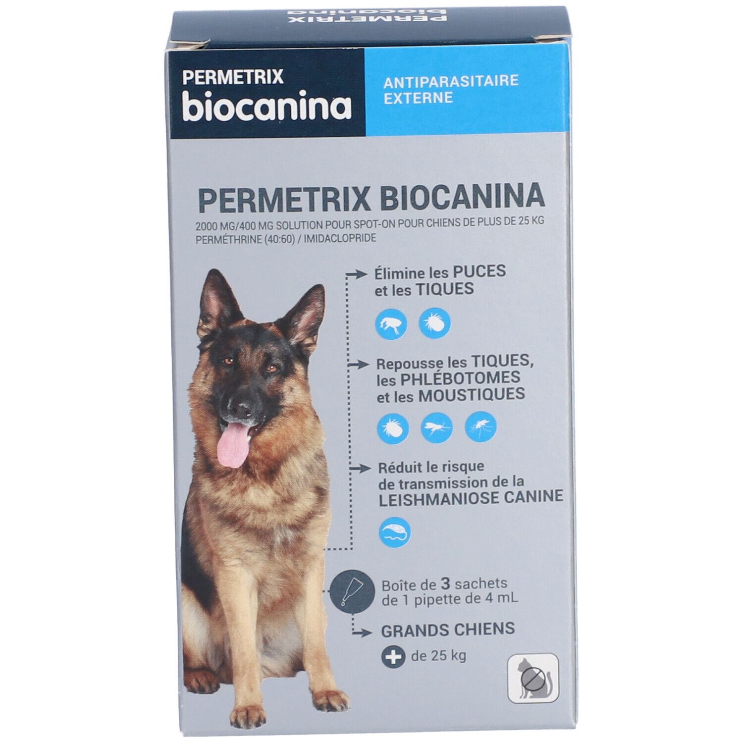 Boîte PERMETRIX BIOCANINA. Contient 3 sachets de pipettes pour chiens de +25 kg. Texte et illustration de chien.
