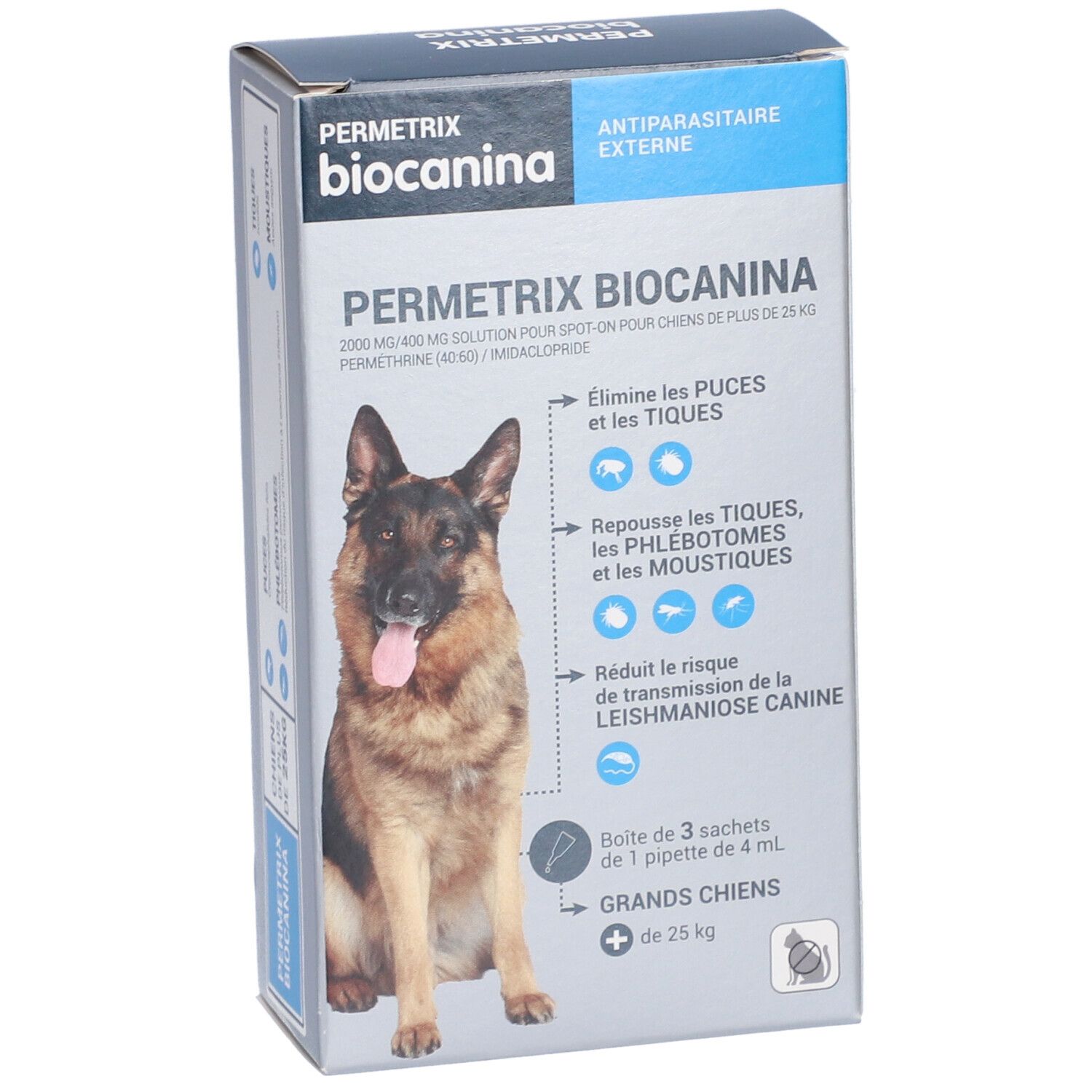 Boîte PERMETRIX BIOCANINA. Contient 3 sachets de pipettes pour chiens de +25 kg. Texte et illustration de chien.