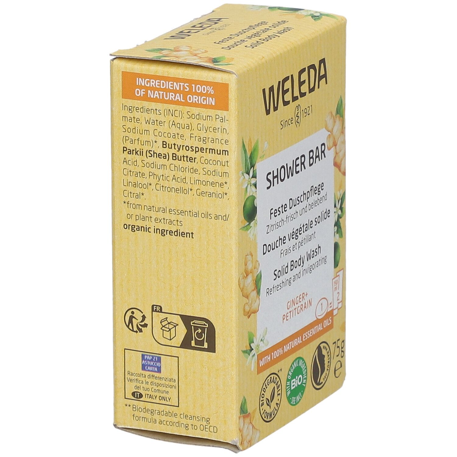 Gelbe Kartonverpackung. Aufschrift: Inhaltsstoffe 100% natürlichen Ursprungs. Rückseite mit Text und Logos. Mit Bio-Siegel.