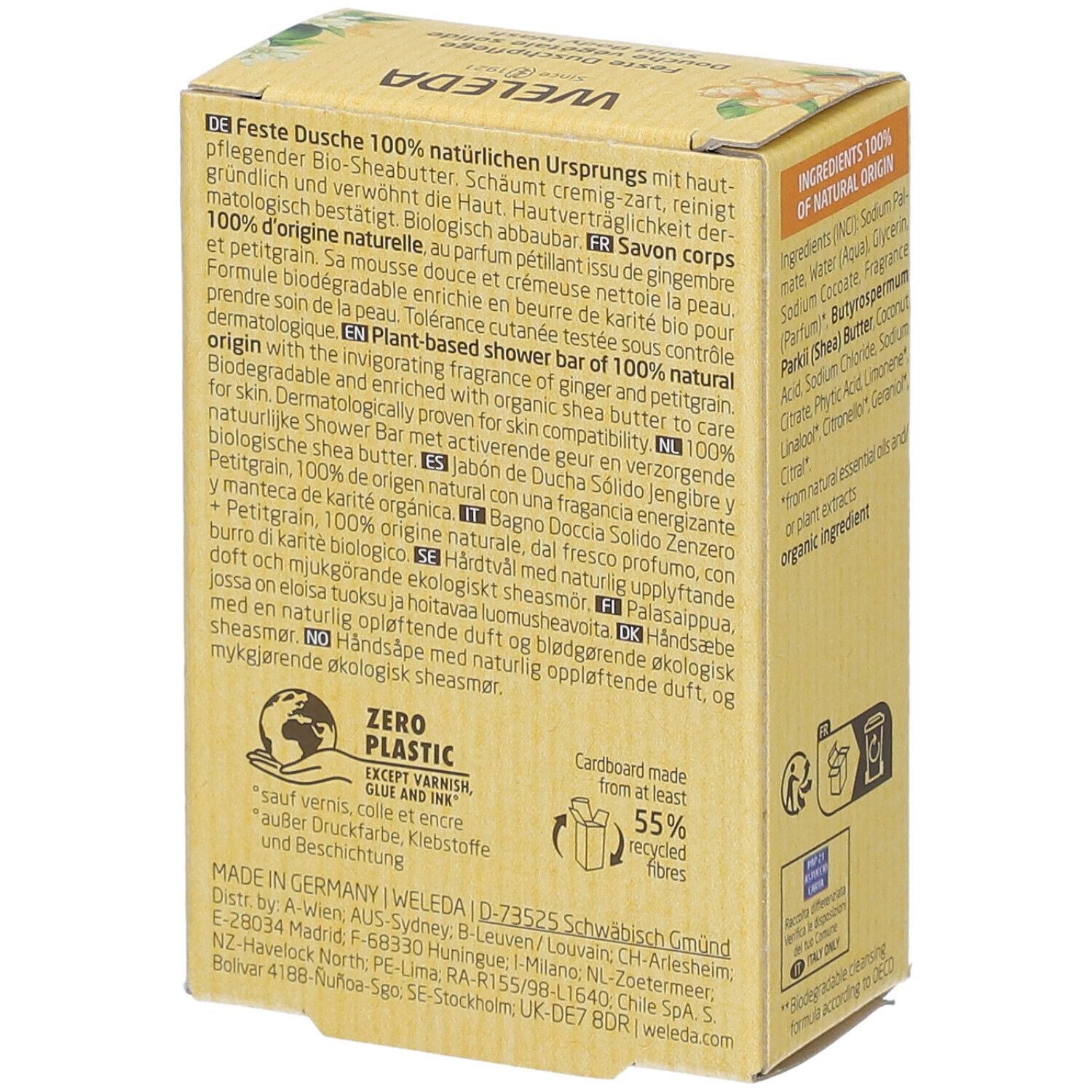 Gelbe Kartonverpackung. Aufschrift: Feste Dusche 100% natürlichen Ursprungs. Rückseite mit Text und Logos. Mit Zero Plastic.