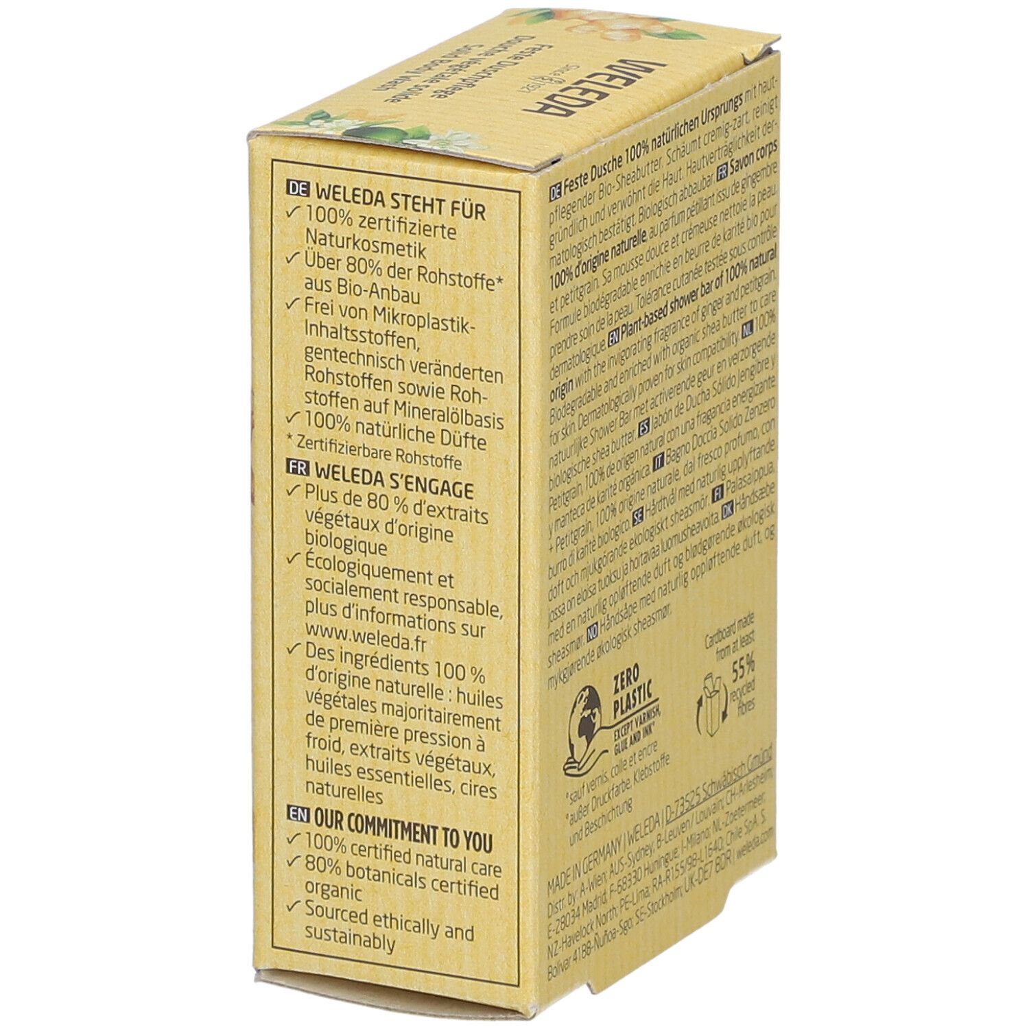 Gelbe Kartonverpackung. Aufschrift: WELEDA steht für... Rückseite mit Text und Logos. Mit Bio-Siegel und 55% recyceltem Karton.