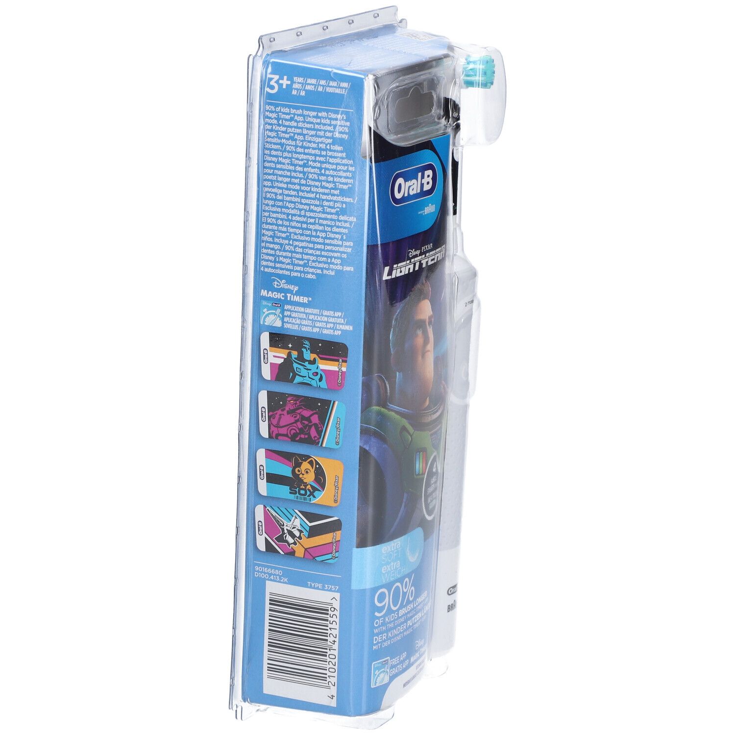 Emballage d'une brosse à dents électrique pour enfants. Visible : Oral-B Kids, Disney Pixar Lightyear, Buzz Lightyear. Emballage bleu avec informations.