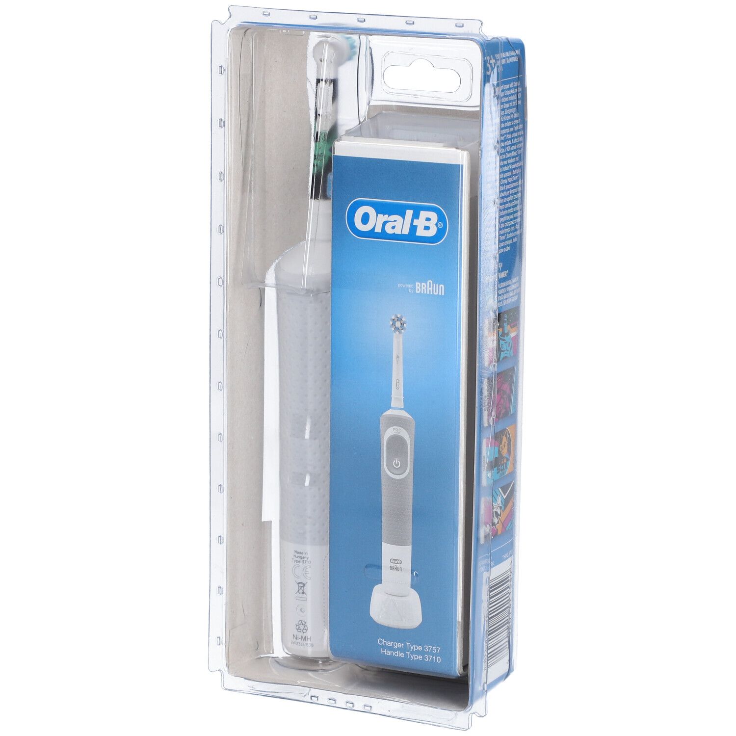 Brosse à dents électrique et socle de chargement dans l'emballage. Visible : Oral-B Kids, socle de chargement. Brosse blanche et socle dans emballage.