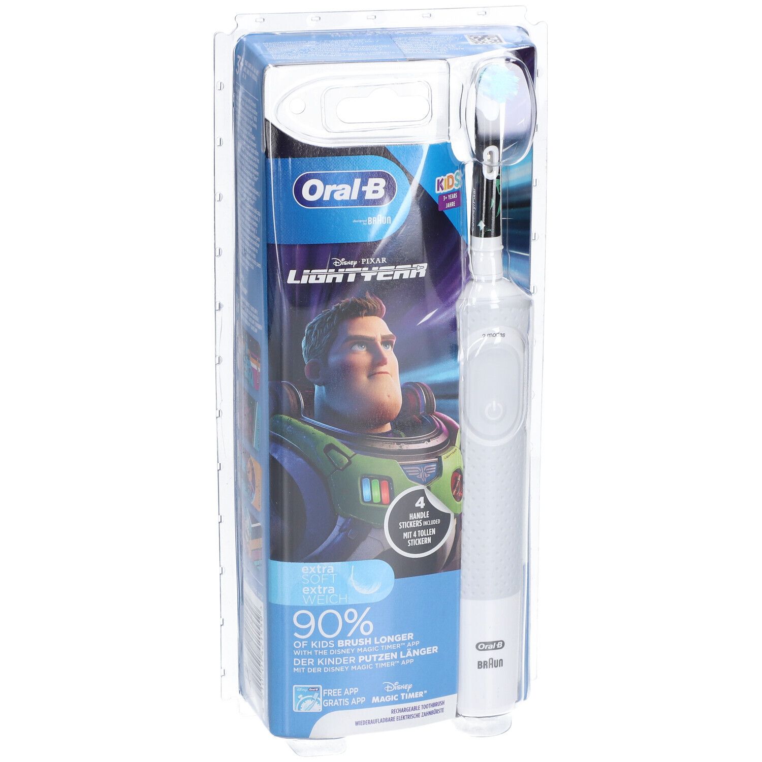 Brosse à dents électrique pour enfants dans son emballage. Visible : Oral-B Kids, Disney Pixar Lightyear, Buzz Lightyear. Brosse blanche, tête bleue.