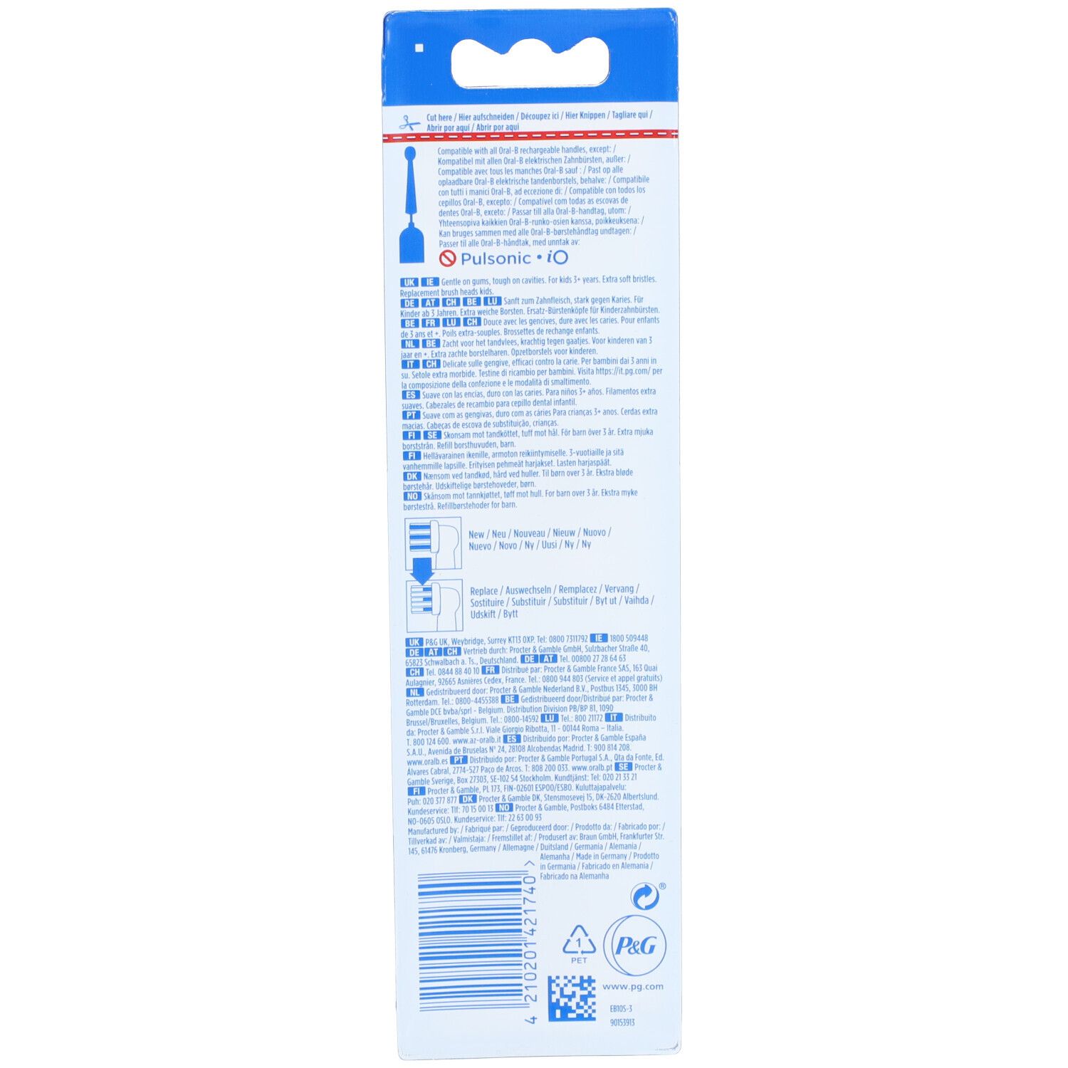 Rückseite der Zahnbürstenaufsatz-Verpackung. Text in mehreren Sprachen. Logo von Oral-B und P&G.