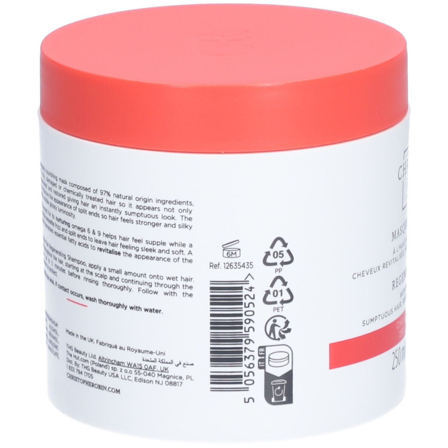 Weißer Tiegel mit rotem Deckel. Rückseite mit Text und Barcode. Recycling-Symbole.