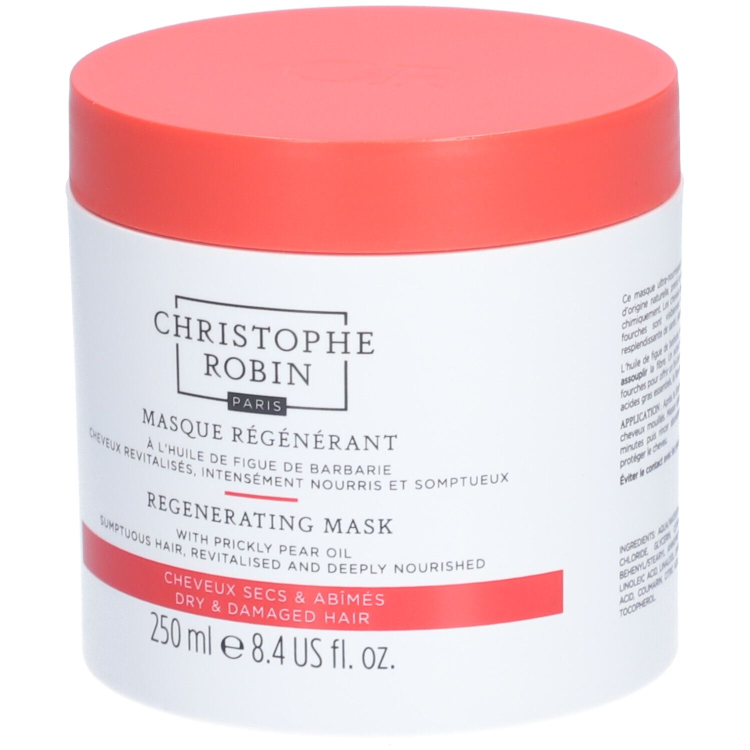 Weißer Tiegel mit rotem Deckel. Aufschrift: CHRISTOPHE ROBIN PARIS, Regenerierende Maske, 250 ml.