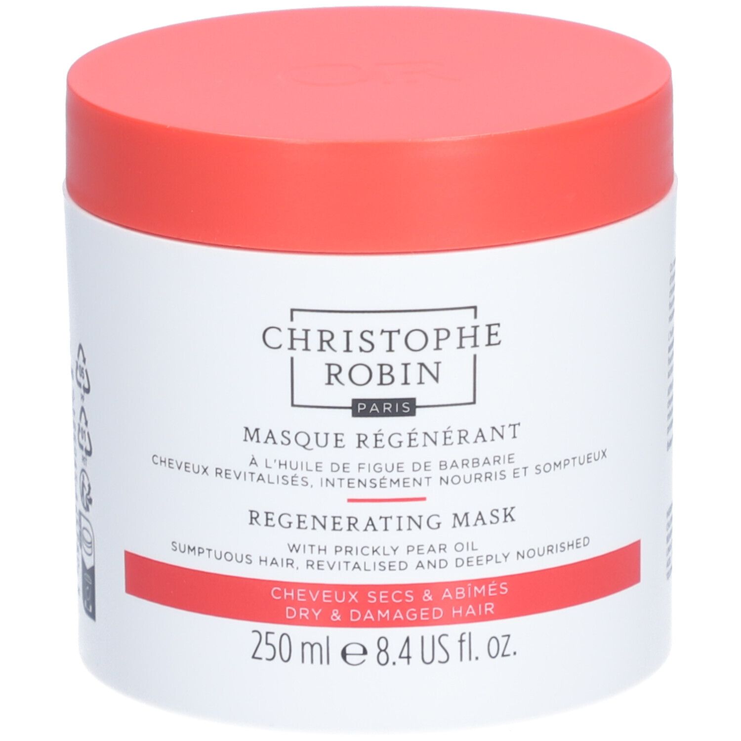 Weißer Tiegel mit rotem Deckel. Aufschrift: CHRISTOPHE ROBIN PARIS, Regenerierende Maske, 250 ml.