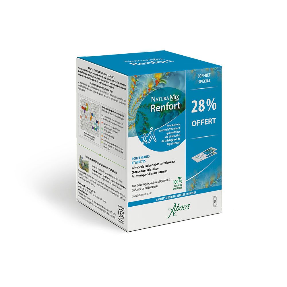 Boîte NATURA MIX Renfort. Emballage bleu et blanc avec informations et logo. Offre 28%.
