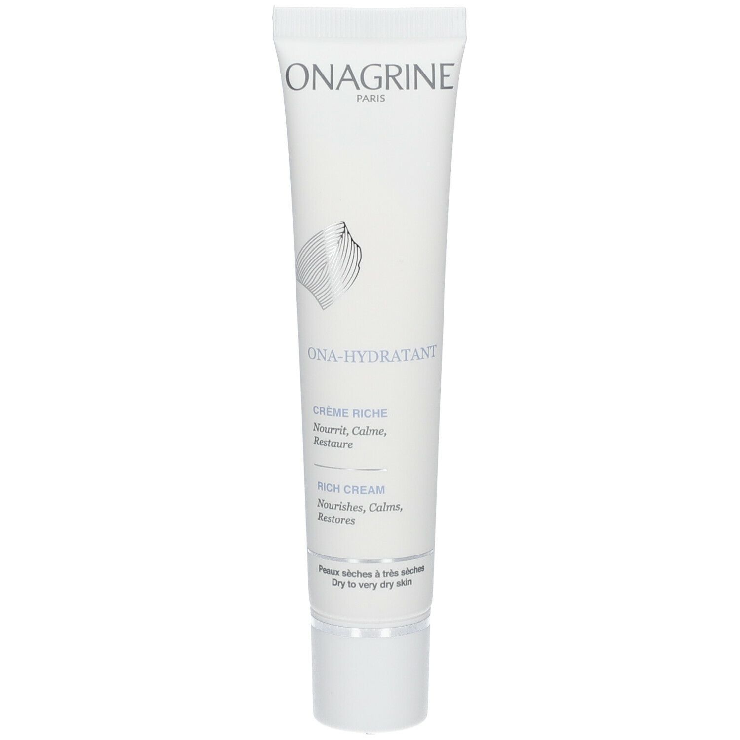 Witte tube met schroefdop. Opschrift: ONAGRINE, ONA-HYDRATANT, CRÈME RICHE. Tekst: Nourrit, Calme, Restaure. Voor de droge tot zeer droge huid.