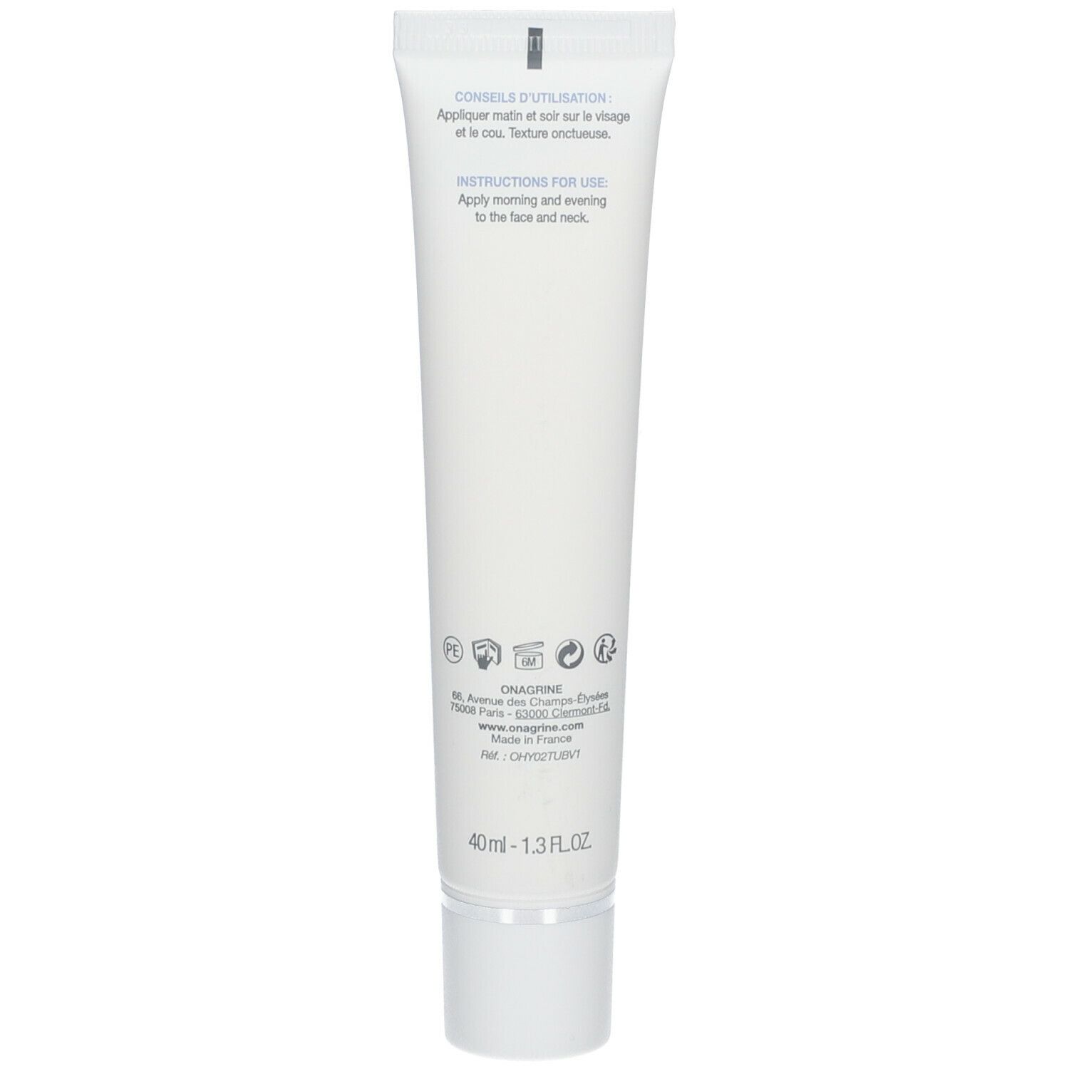 Achterkant van de witte tube. Tekst: CONSEILS D'UTILISATION, INSTRUCTIONS FOR USE. Logo's en informatie over fabrikant en ingrediënten. Volume: 40 ml - 1.3 FL.OZ.
