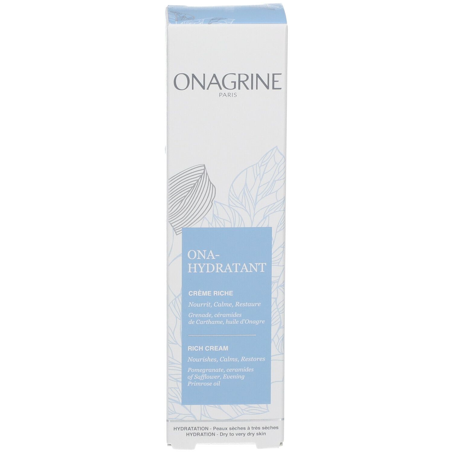 Kartonnen verpakking met blauwe accenten. Opschrift: ONAGRINE, ONA-HYDRATANT, CRÈME RICHE. Tekst: Nourrit, Calme, Restaure. Voor de droge tot zeer droge huid.