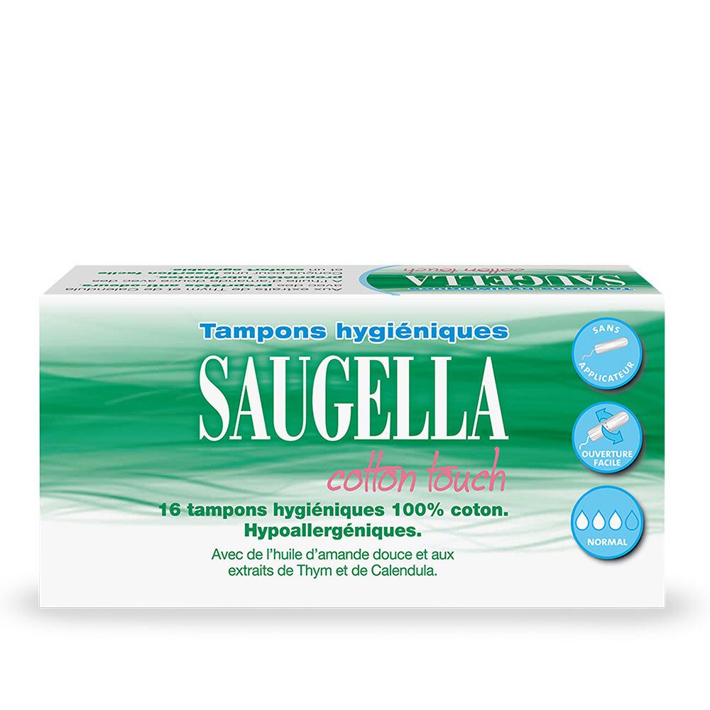 Tampons hygiéniques SAUGELLA Cotton Touch. 16 tampons 100% coton. Hypoallergéniques. Huile d'amande douce, extraits de Thym et Calendula.